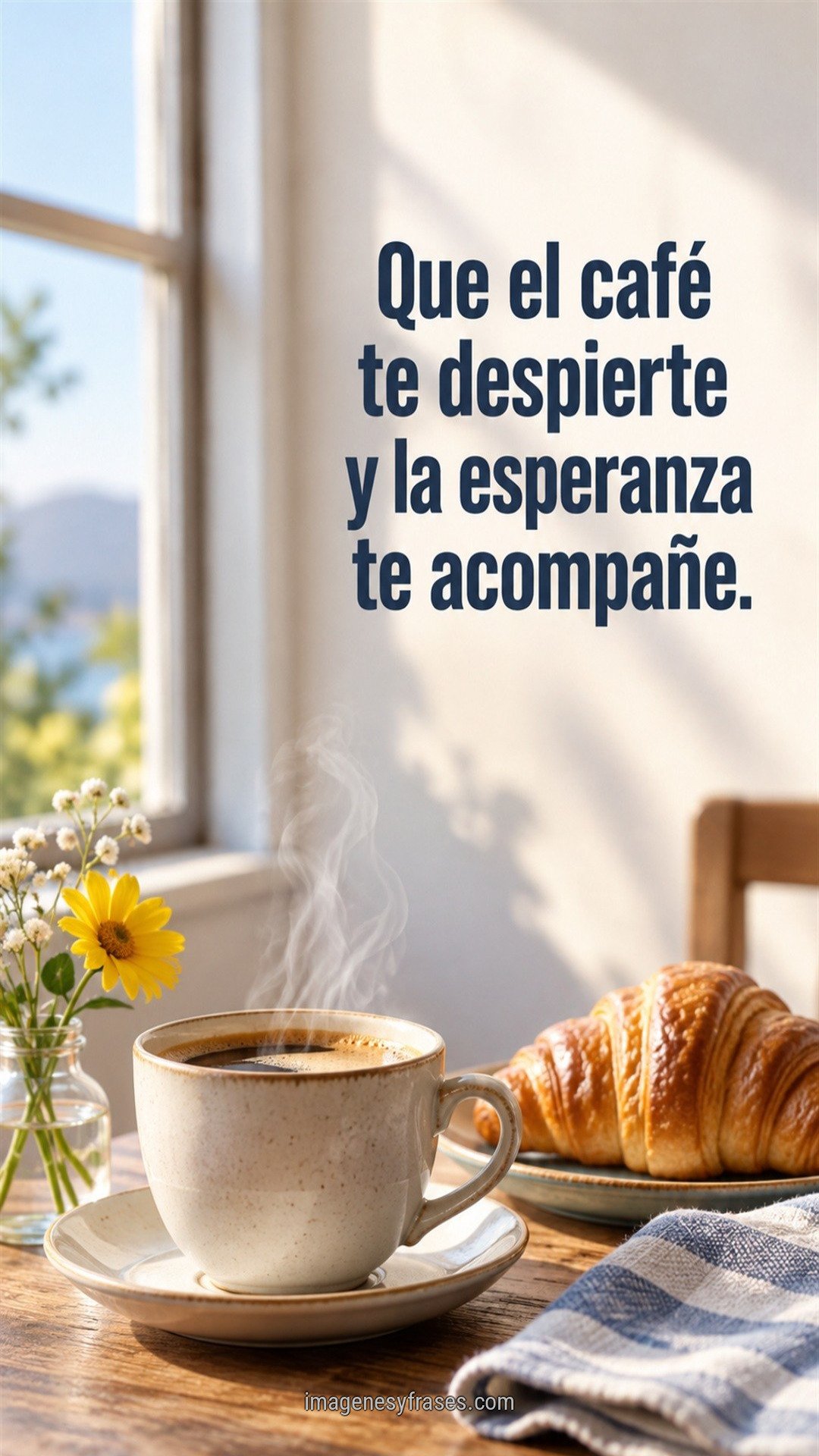 Fotografía de una taza de café humeante, croissants y flores amarillas junto a una ventana, con una frase azul de buenos días.