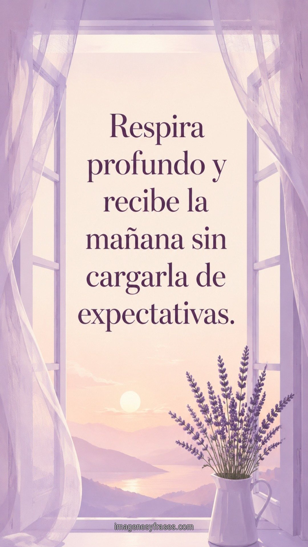 Ilustración minimalista violeta con una ventana abierta y cortinas suaves, acompañada por una frase reflexiva matinal.