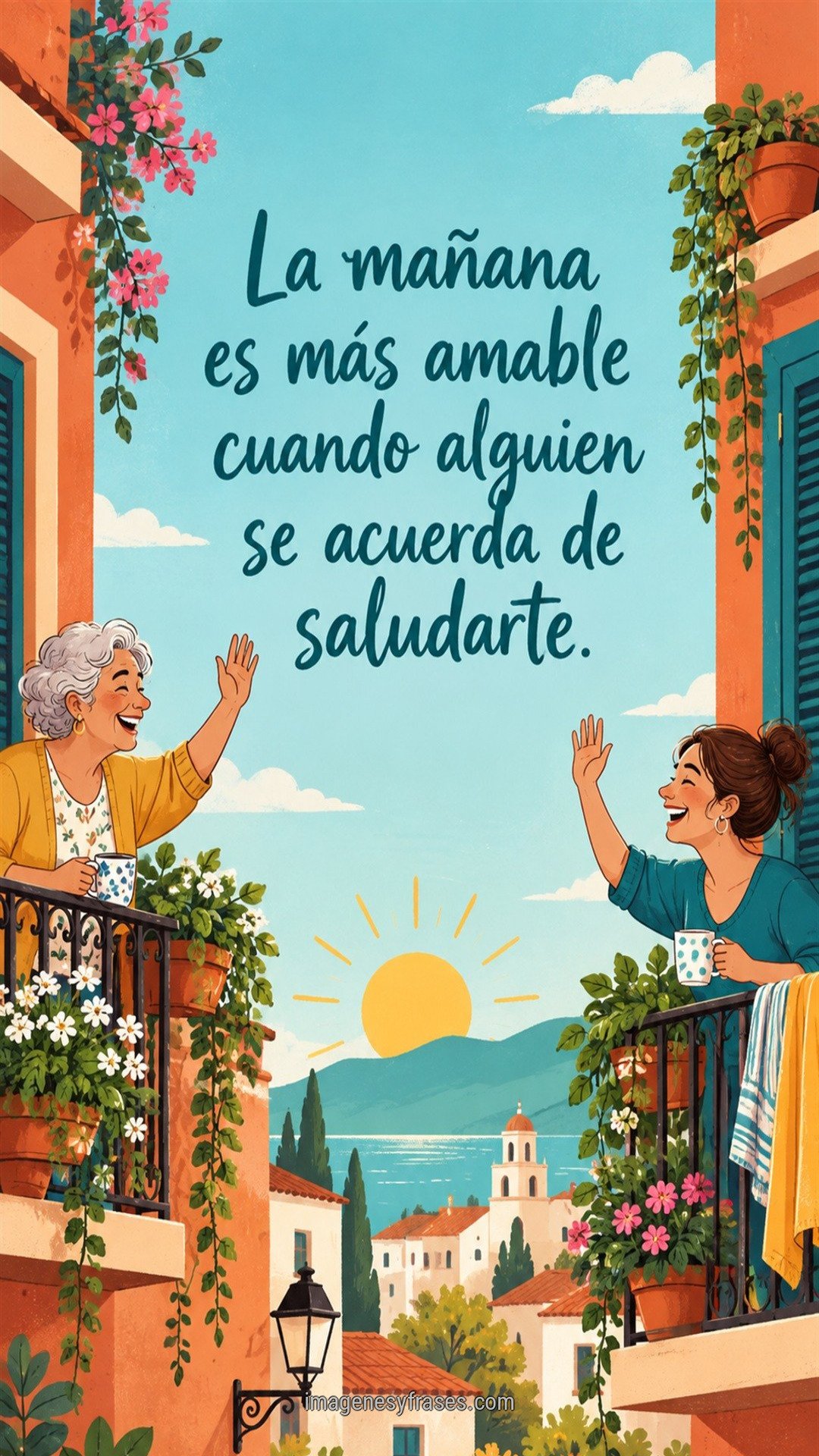 Ilustración de dos vecinas de distintas edades saludándose desde balcones con flores, tazas y paisaje costero, junto a una frase manuscrita.
