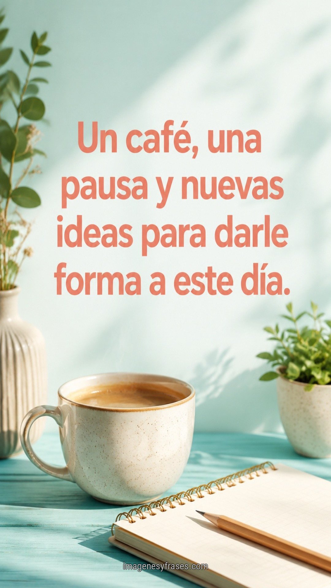 Bodegón luminoso con una taza de café, libreta y lápiz, acompañado por una frase para comenzar la mañana.
