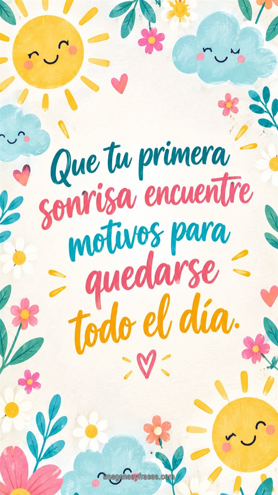 Patrón ilustrado con soles sonrientes, nubes, corazones y flores en amarillo, rosa y turquesa, acompañado por una frase matinal colorida.