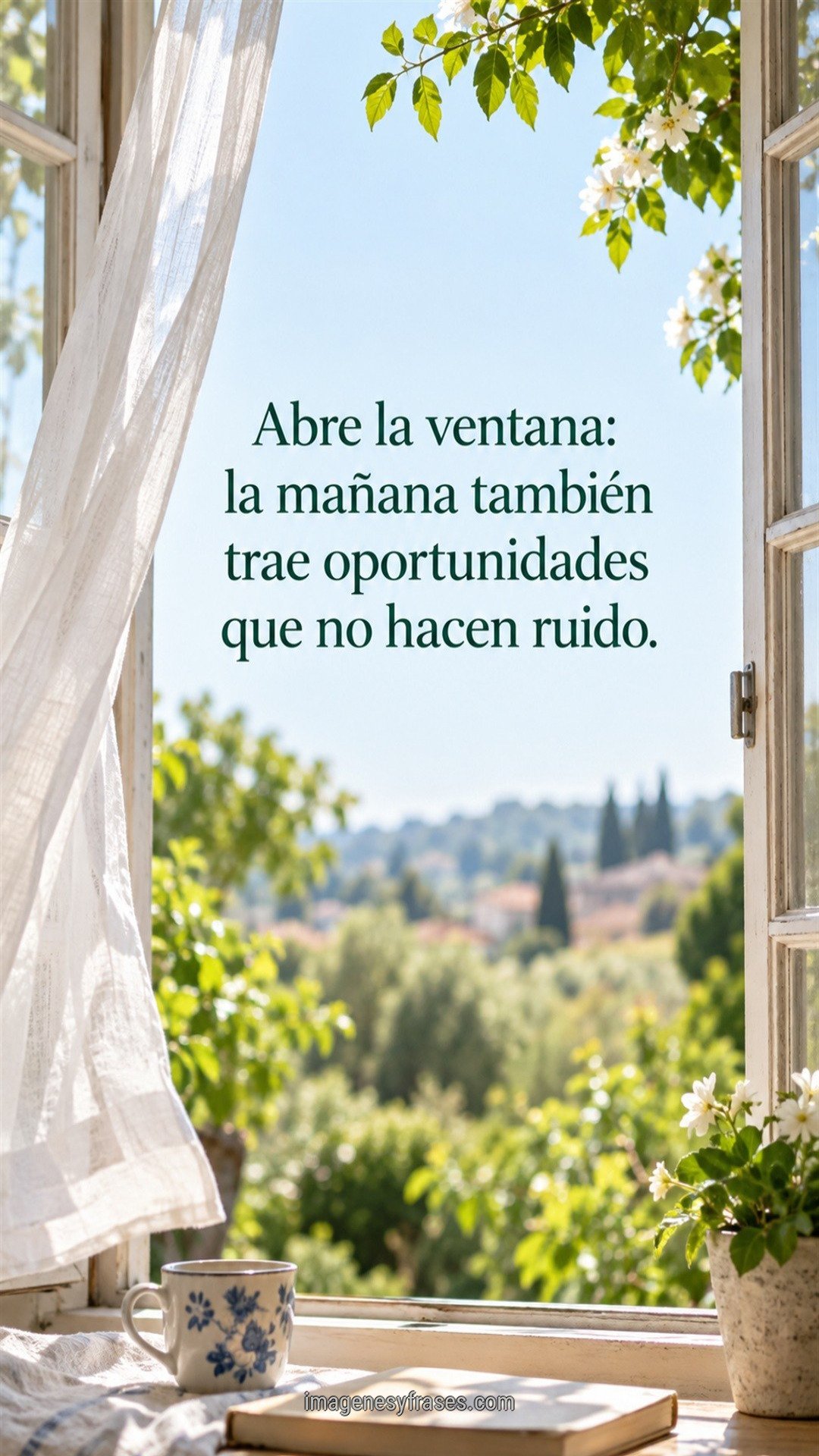Fotografía de una ventana abierta hacia un jardín luminoso, con cortina blanca, taza y libro, e incluye una frase verde sobre la mañana.
