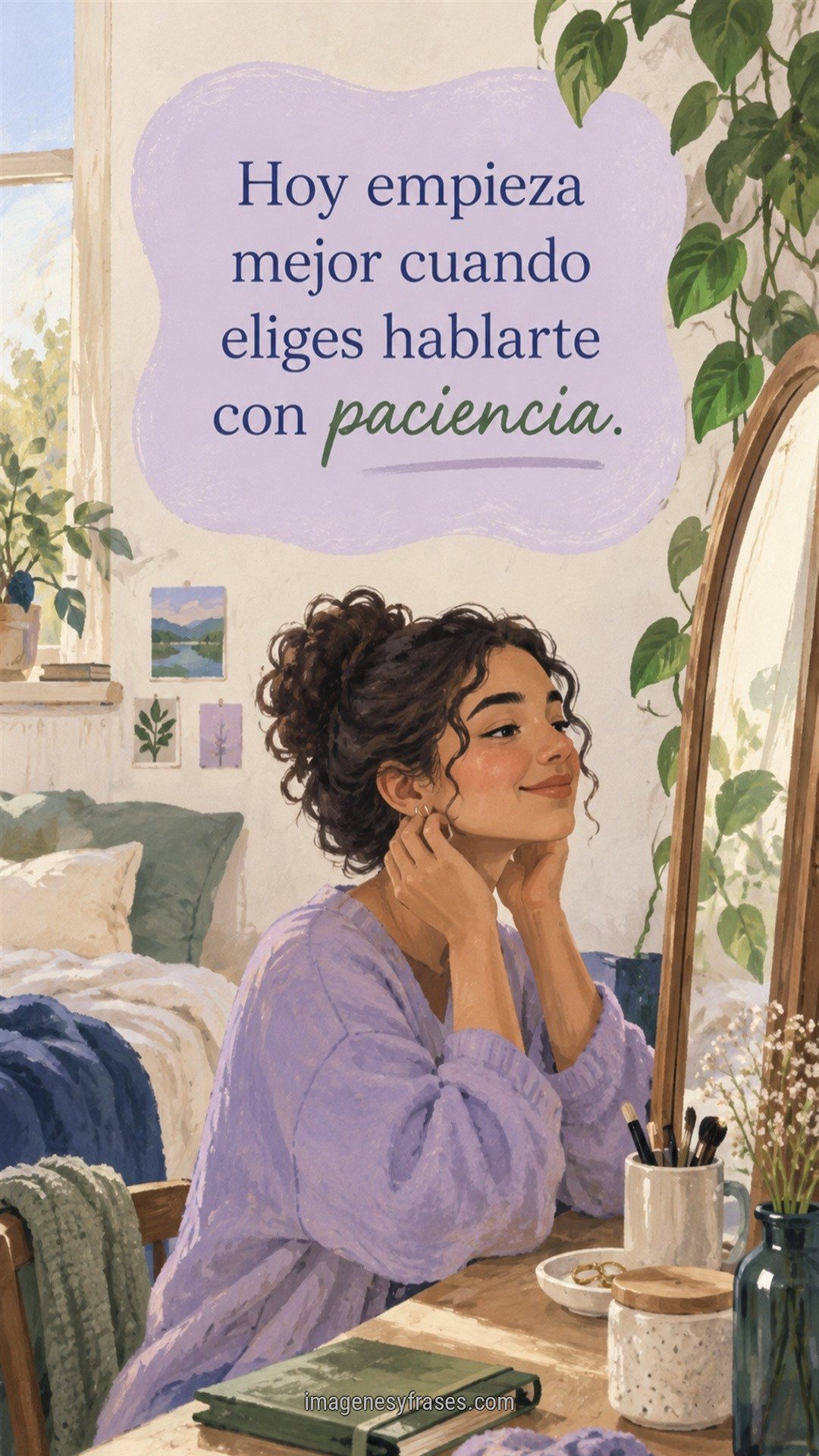 Ilustración de una mujer de cabello rizado preparándose frente al espejo en una habitación luminosa, con una frase sobre paciencia en tonos lavanda.