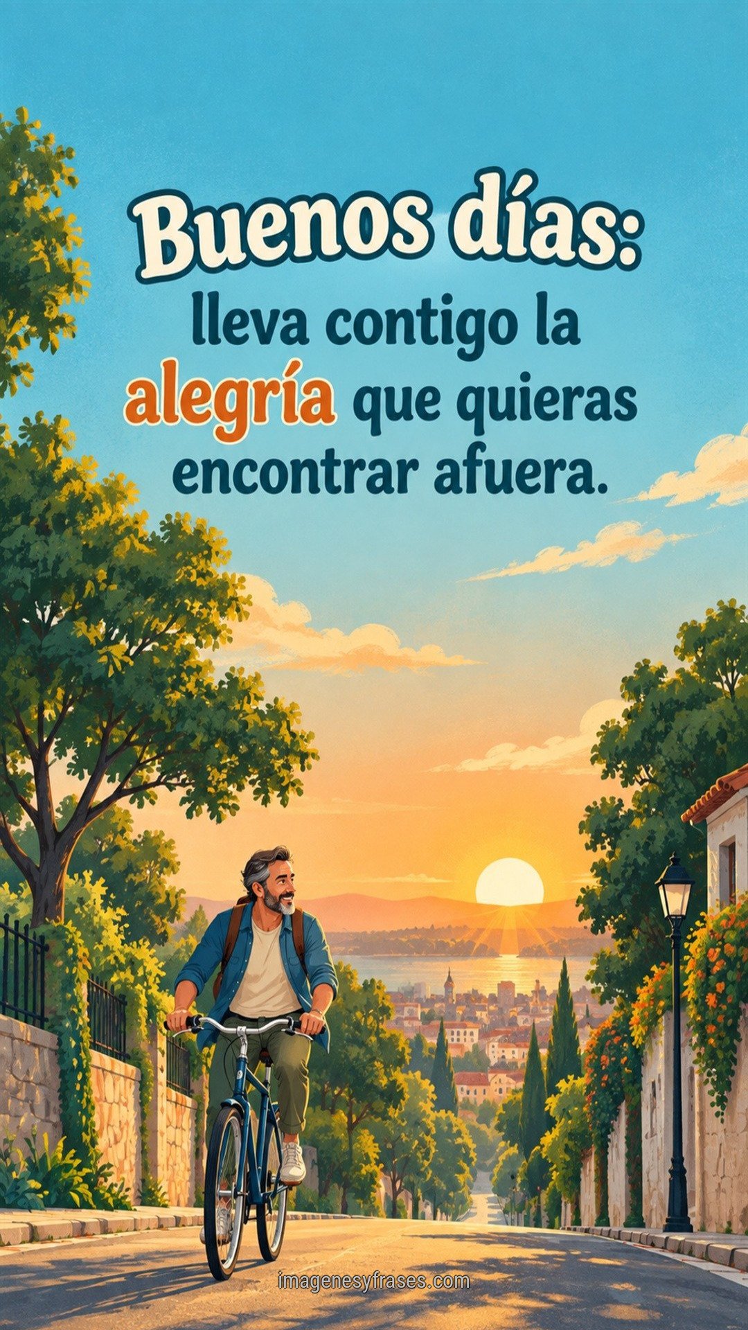 Ilustración de un hombre en bicicleta por una calle arbolada al amanecer, con cielo turquesa y una frase de buenos días en azul y naranja.