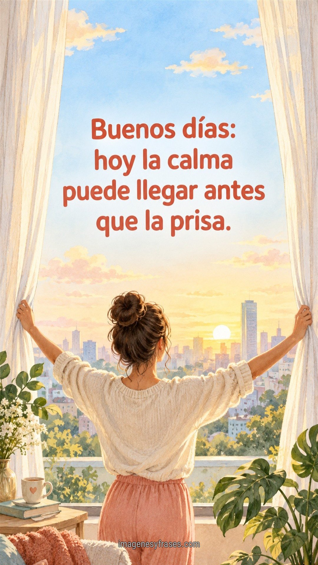 Ilustración en acuarela de una mujer abriendo cortinas frente a un amanecer urbano, con plantas y una frase coral de buenos días.