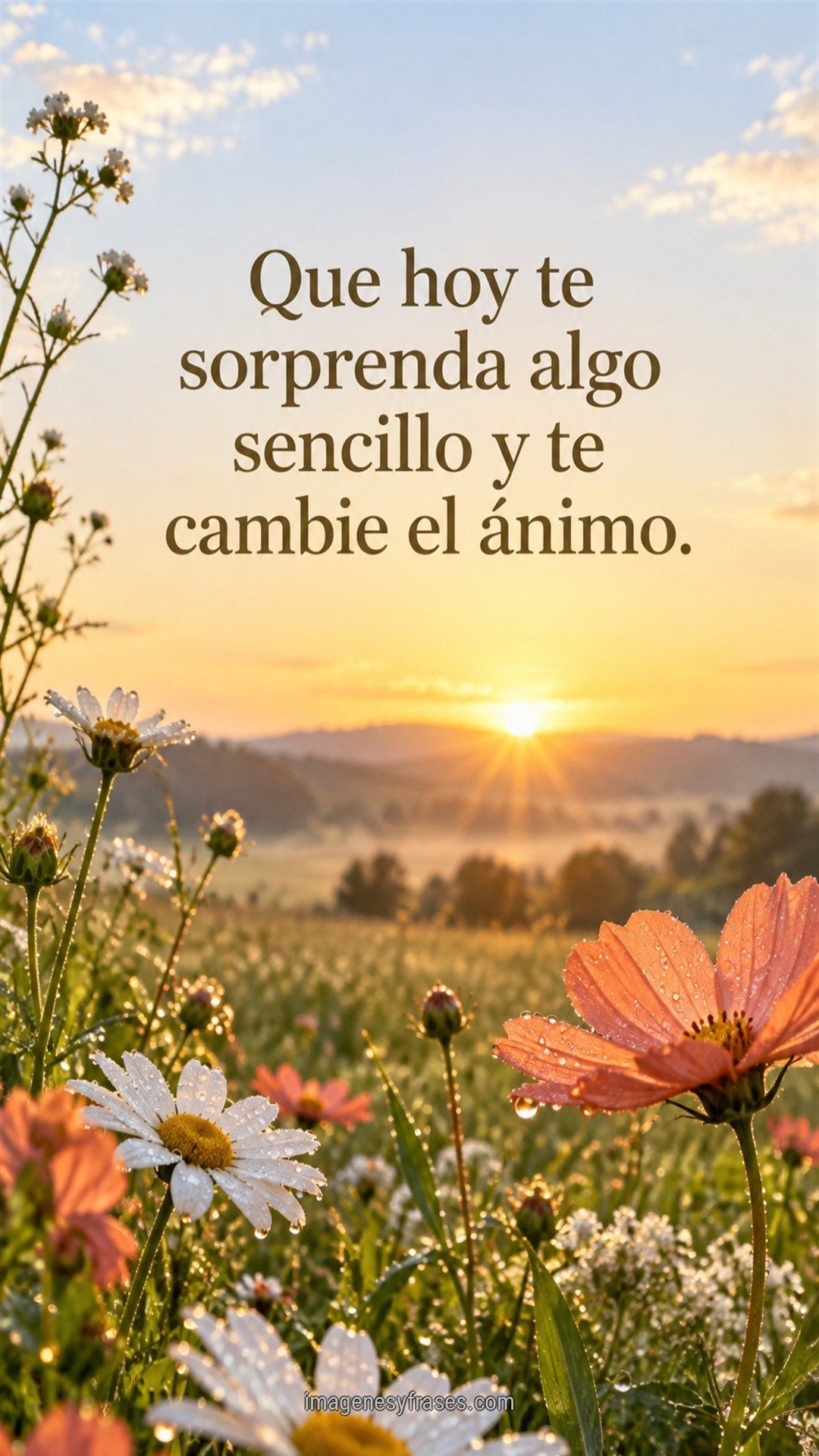 Fotografía de flores silvestres con rocío frente a un campo y un amanecer dorado, con una frase serif marrón sobre una sorpresa sencilla.