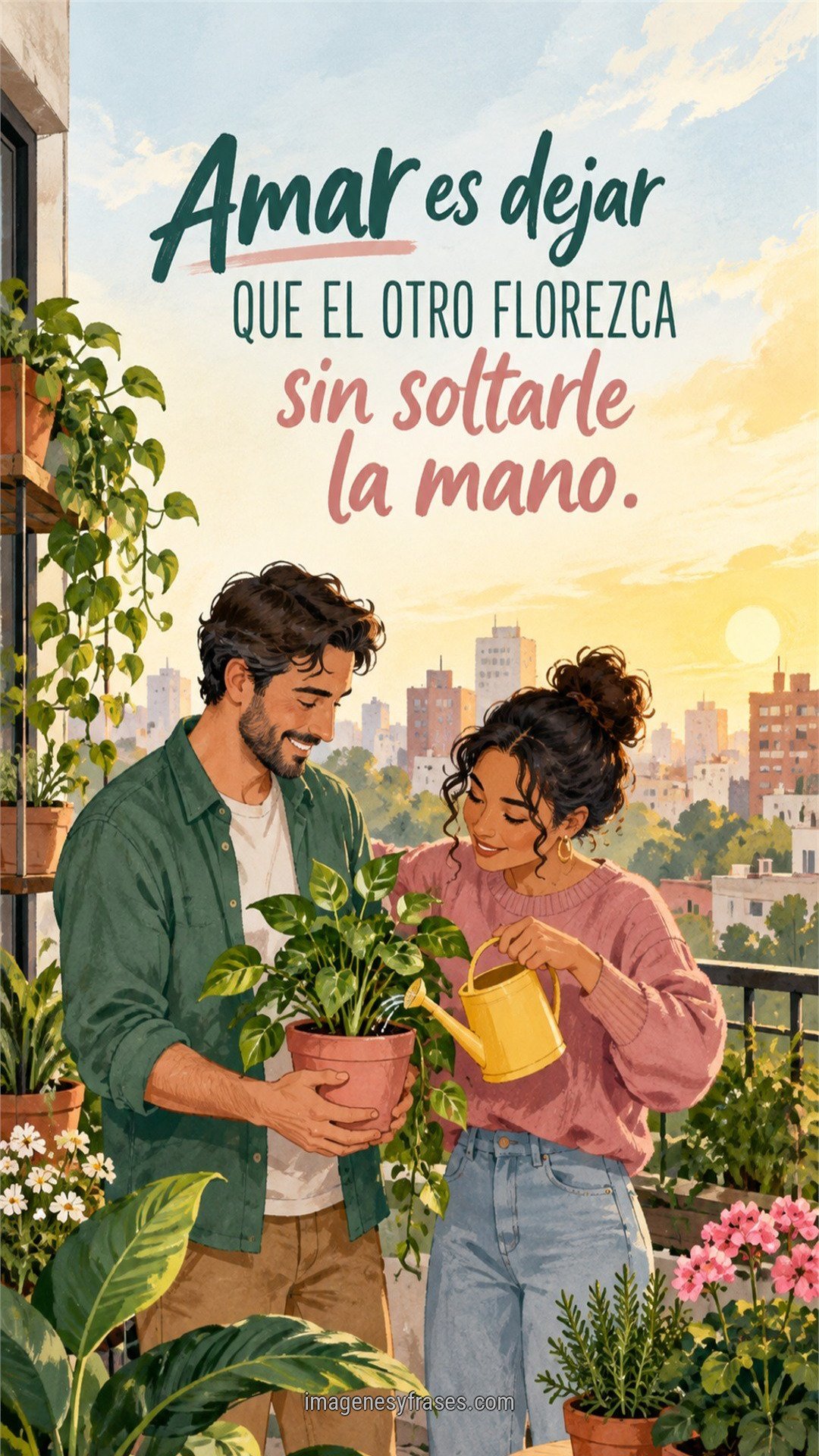 Pareja ilustrada cuidando plantas en un balcón urbano al atardecer, en tonos verdes, rosas y amarillos, junto a una frase sobre florecer acompañados.