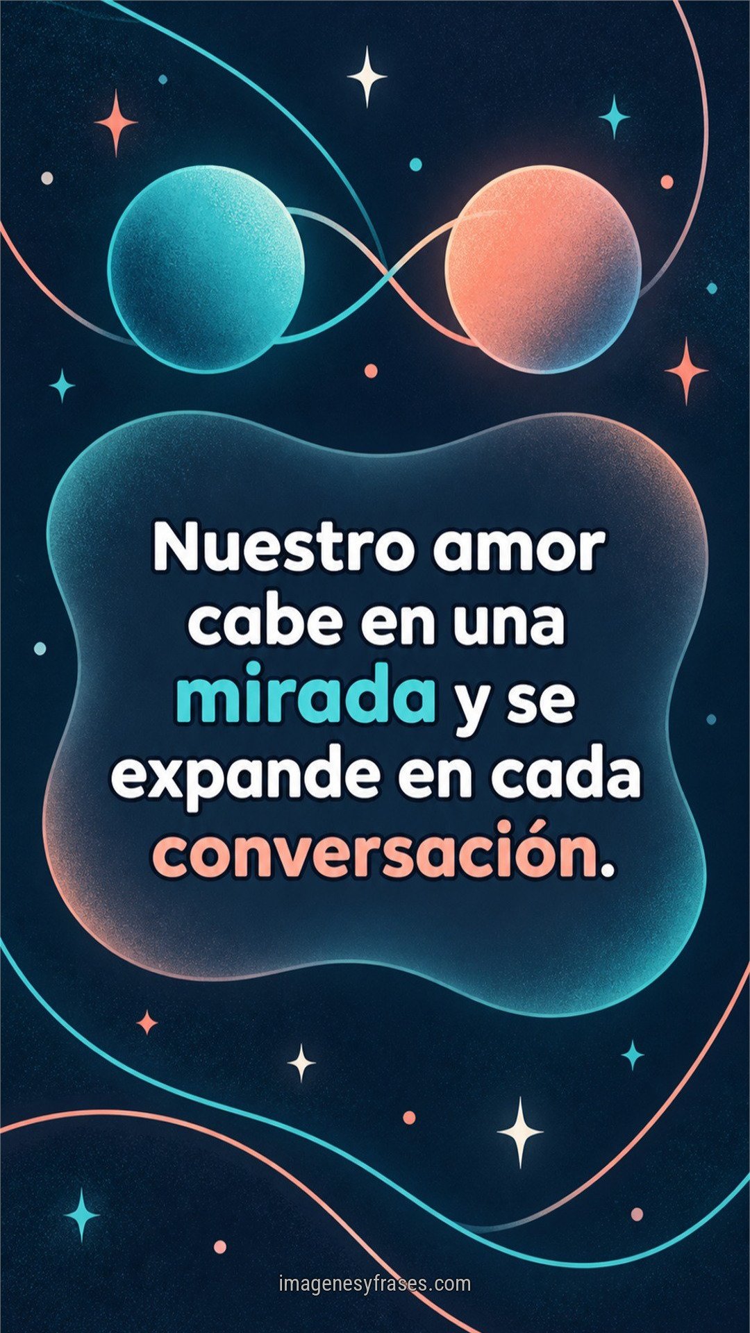 Diseño abstracto azul marino con círculos turquesa y coral unidos por líneas curvas, que incluye una frase sobre miradas y conversaciones.