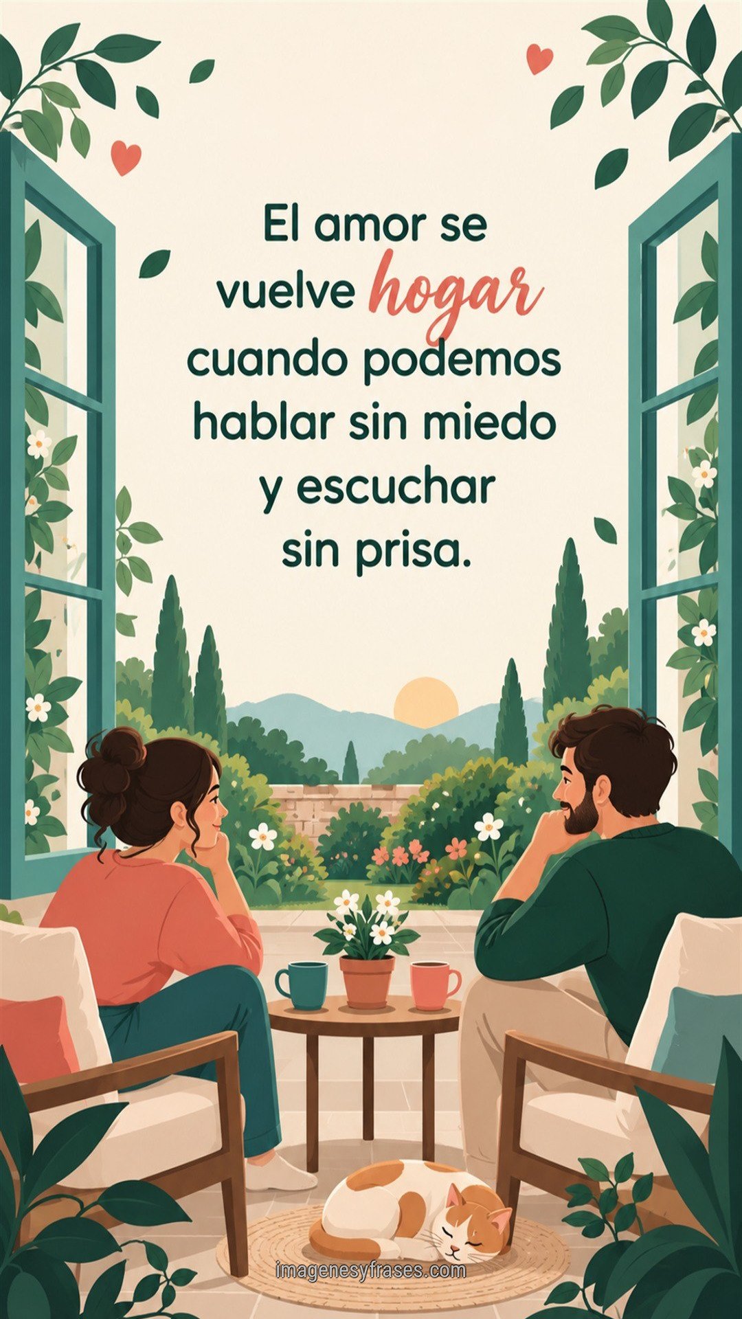 Ilustración de una pareja conversando entre ventanas verdes abiertas hacia un jardín que incluye una frase de amor en letras verdes y coral.