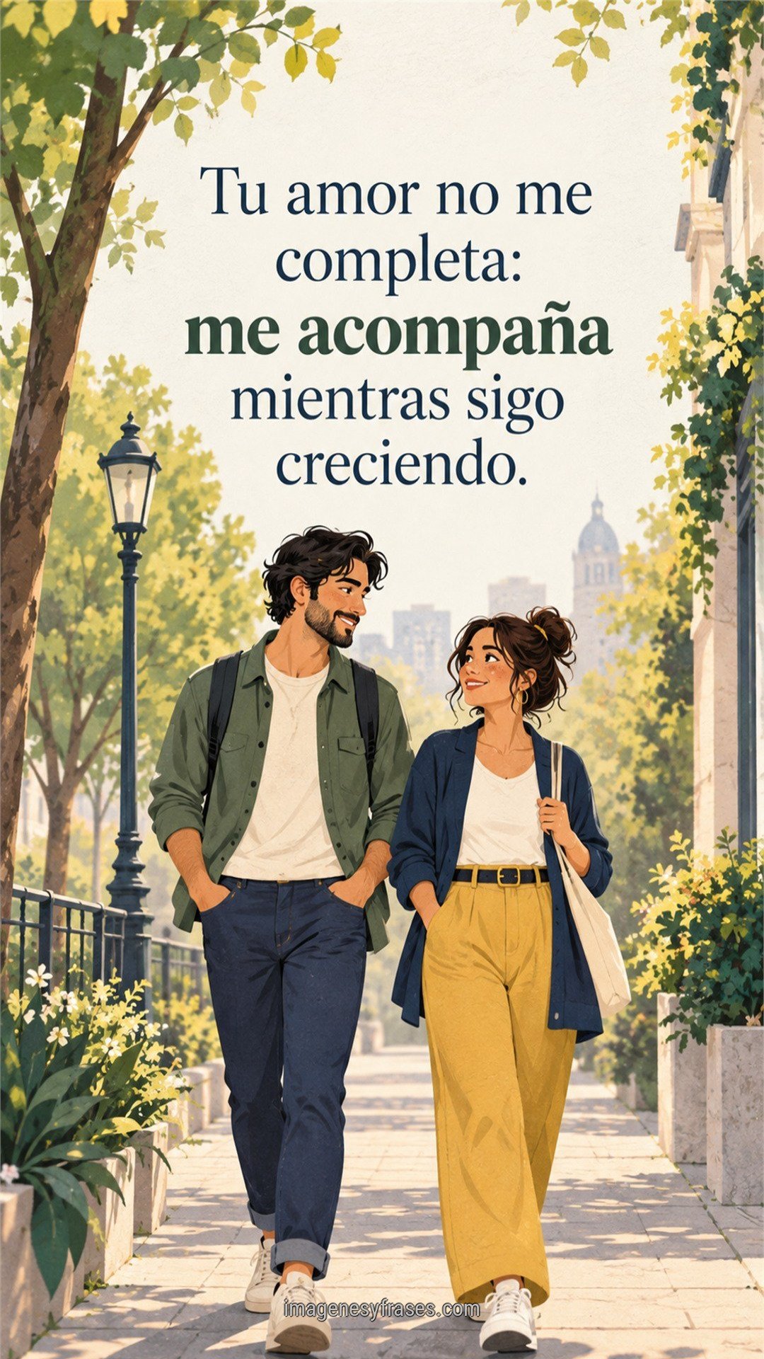 Pareja ilustrada caminando por un sendero urbano arbolado en colores verde salvia, amarillo y azul, con una frase sobre acompañarse mientras cada persona crece.