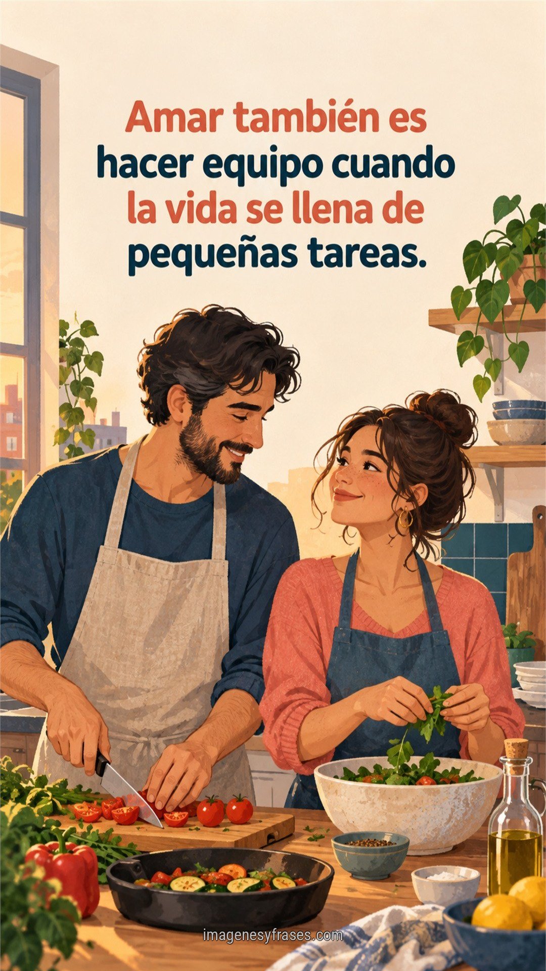 Pareja ilustrada preparando una cena en una cocina luminosa con tonos coral y azul petróleo, acompañada por una frase sobre hacer equipo en el amor.