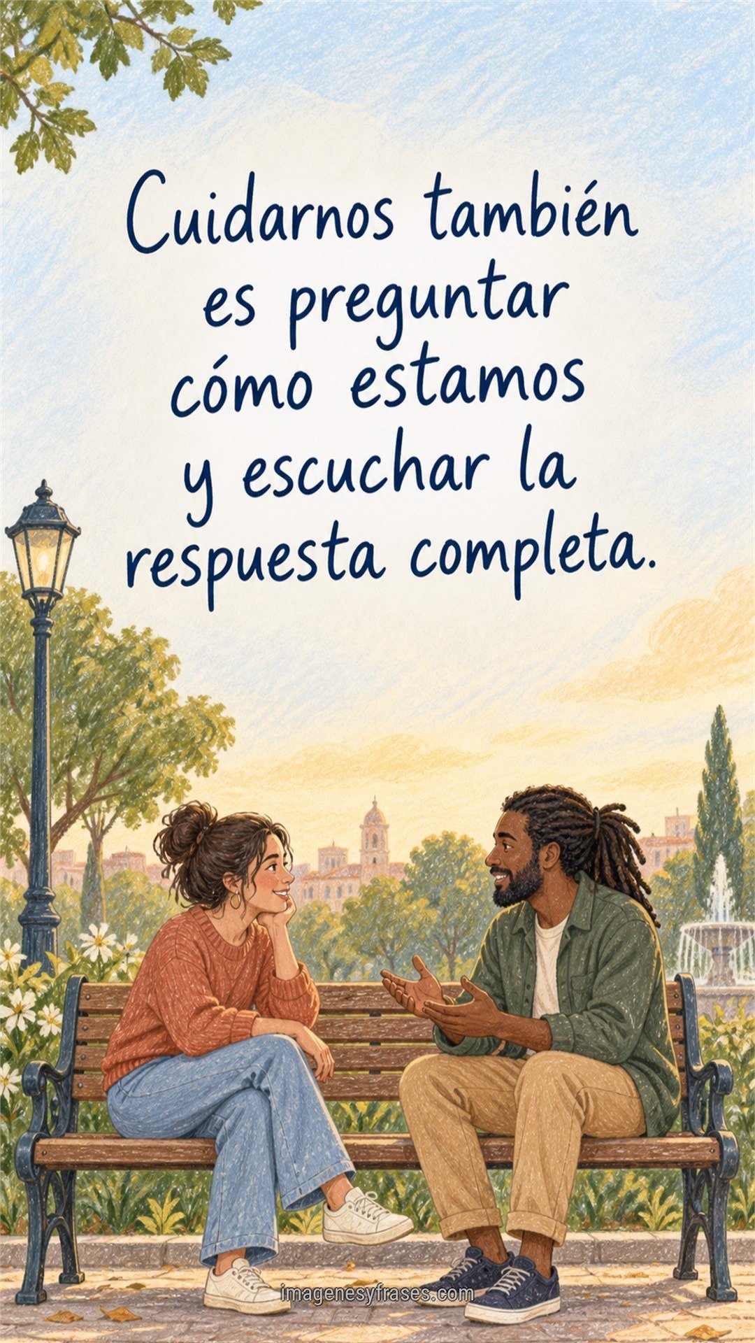 Dos personas ilustradas conversan atentamente en un banco de plaza bajo un cielo celeste, junto a una frase sobre preguntar y escuchar con cuidado.