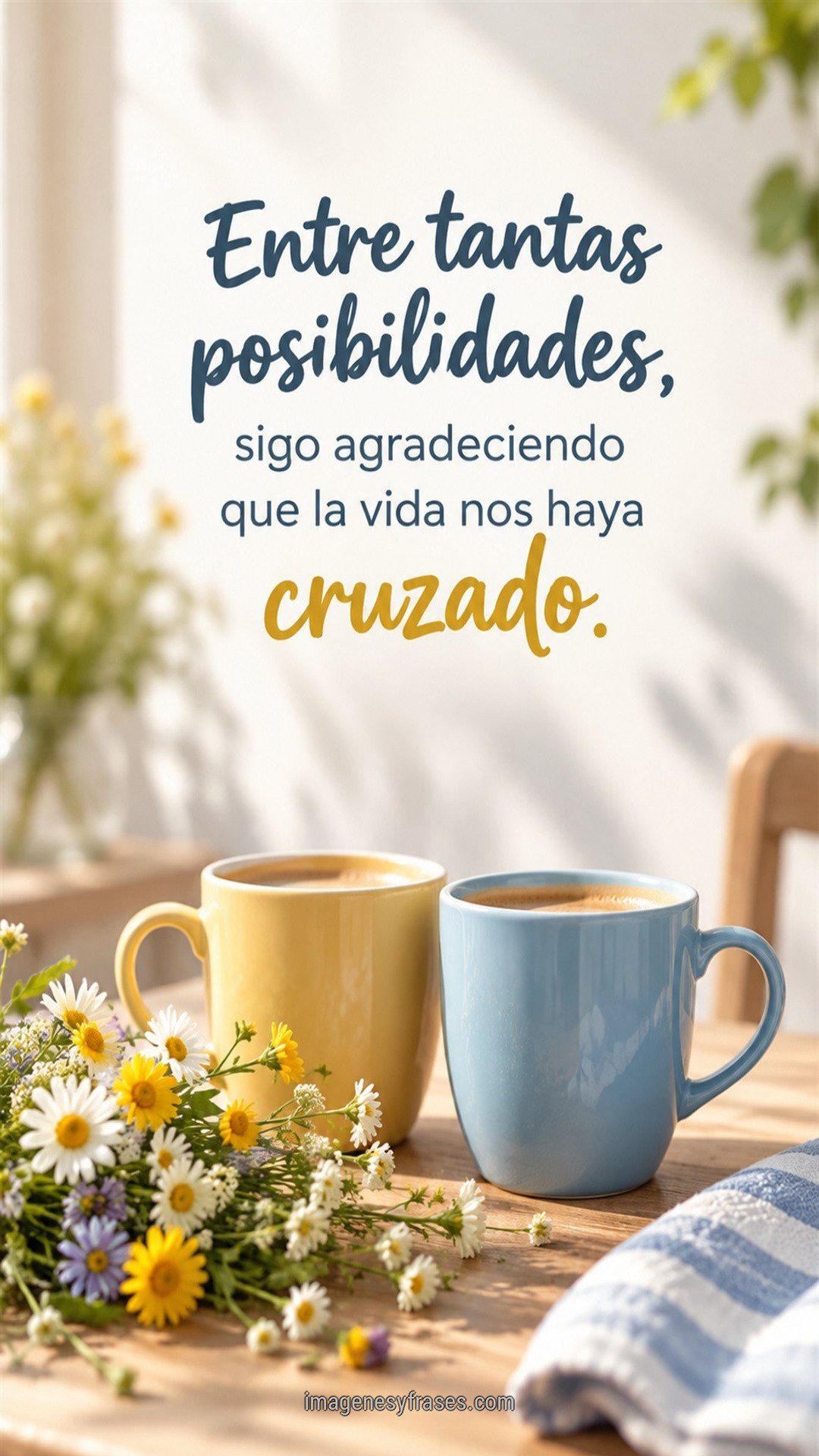 Fotografía luminosa de dos tazas azul y amarilla con flores silvestres que incluye una frase romántica en letras azules y doradas.