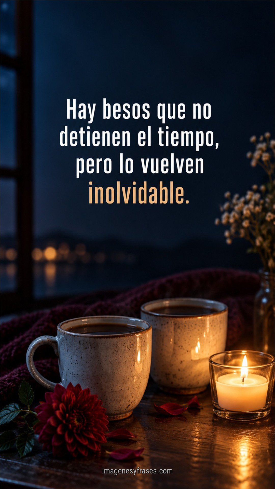 Bodegón nocturno con dos tazas, una vela y una flor borgoña sobre una mesa, acompañado por una frase acerca de besos inolvidables.