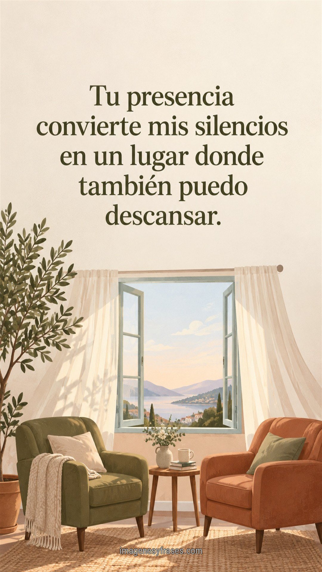 Sala ilustrada con dos sillones, planta y ventana abierta hacia un paisaje que incluye una frase de amor en letras verde oliva.