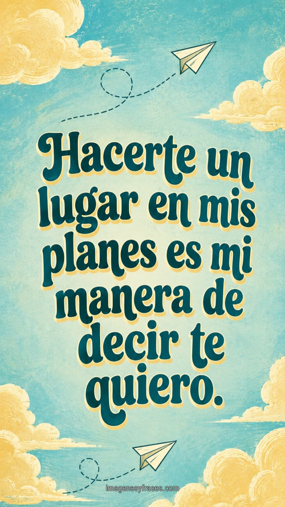 Nubes ilustradas y dos aviones de papel sobre un fondo turquesa, con una frase sobre incluir a la pareja en los planes.