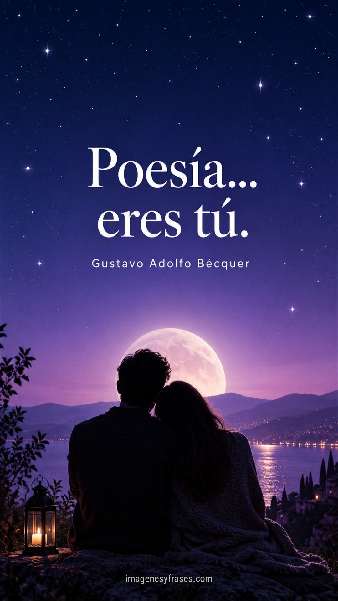 Cielo nocturno azul y violeta con estrellas, luna y una pareja que incluye la frase Poesía eres tú y el nombre de Gustavo Adolfo Bécquer.