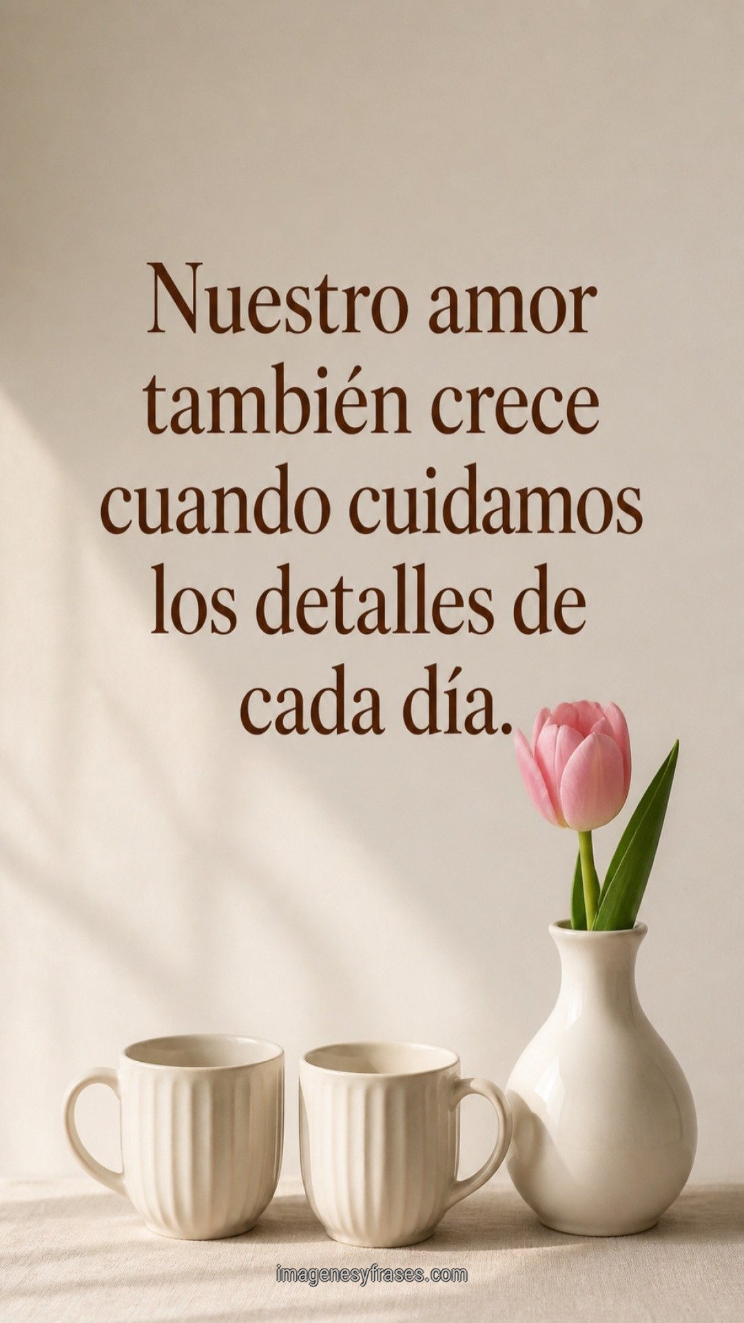 Dos tazas junto a un tulipán rosado sobre un fondo marfil, con una frase sobre los cuidados cotidianos en el amor.