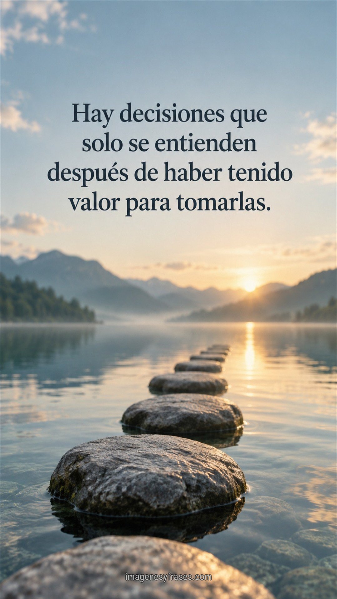 Fotografía de piedras formando un sendero sobre un lago al amanecer que incluye una frase reflexiva sobre tomar decisiones.