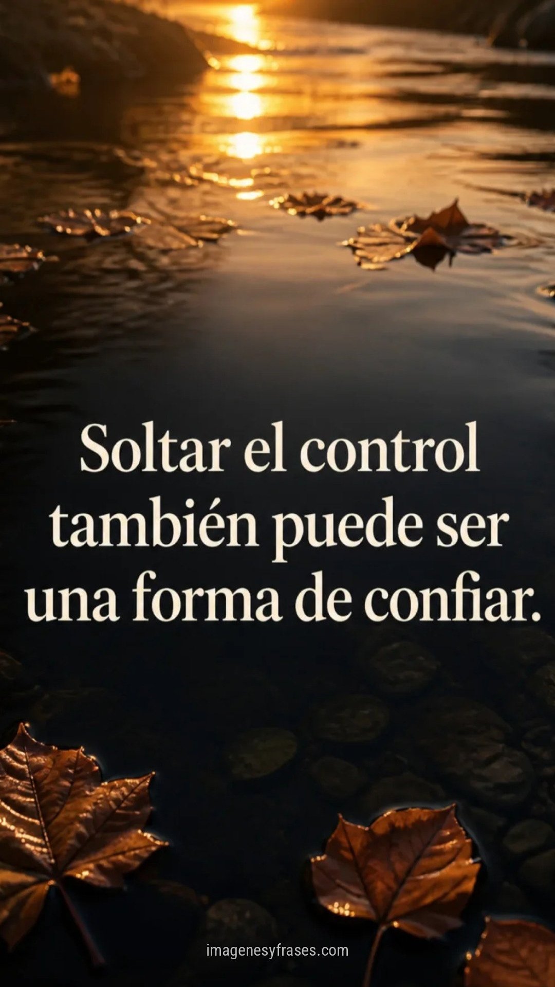 Hojas otoñales flotando en un arroyo oscuro iluminado por el atardecer con una frase sobre confiar