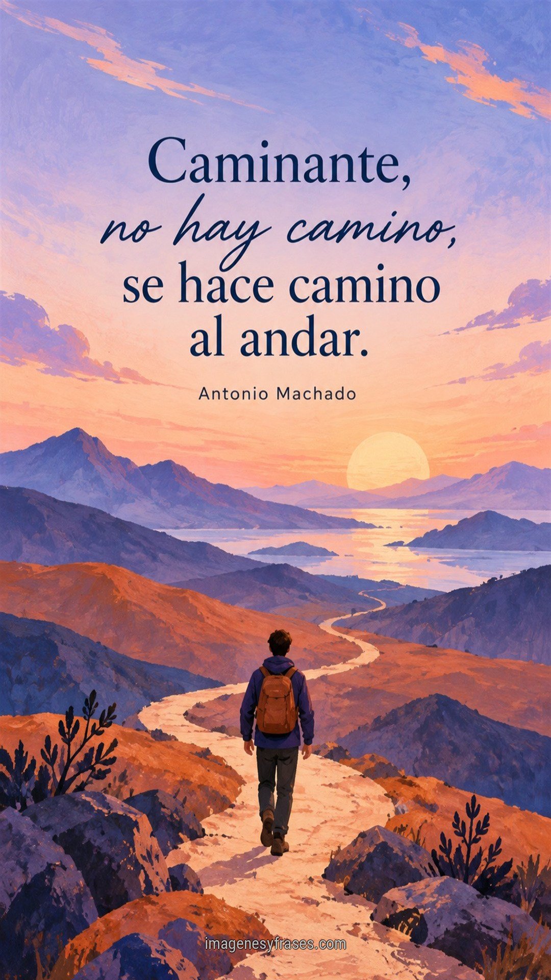 Ilustración violeta y coral de un caminante con mochila avanzando por una senda que incluye un verso y el nombre de Antonio Machado.