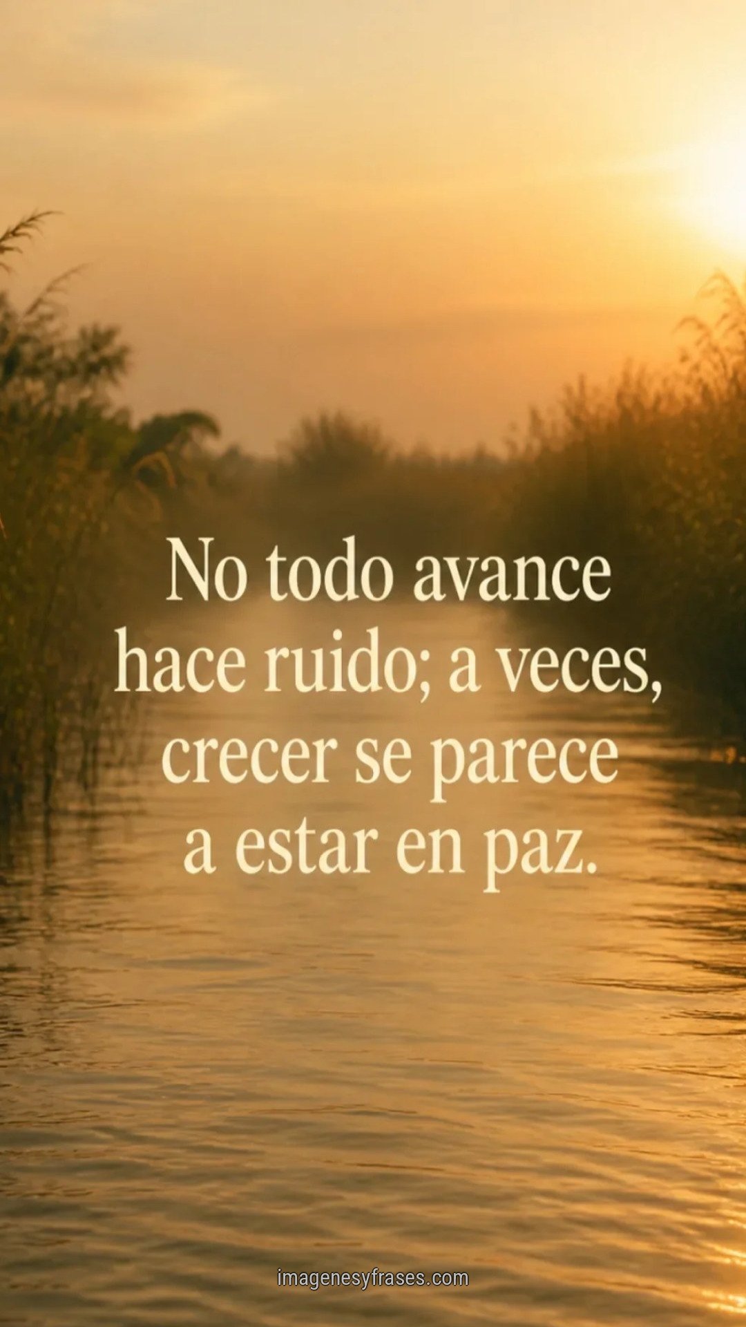 Río tranquilo entre juncos iluminados por un atardecer dorado con una frase sobre crecer en paz