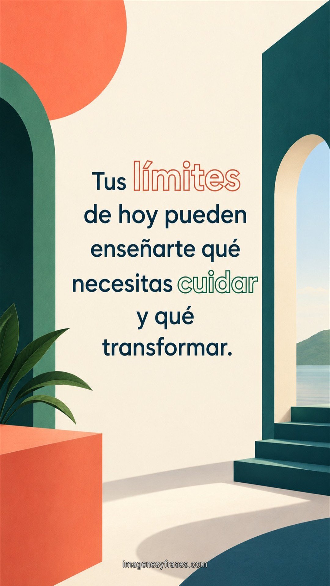 Composición geométrica crema, coral y verde con arcos y escaleras que incluye una frase sobre aprender de los propios límites.