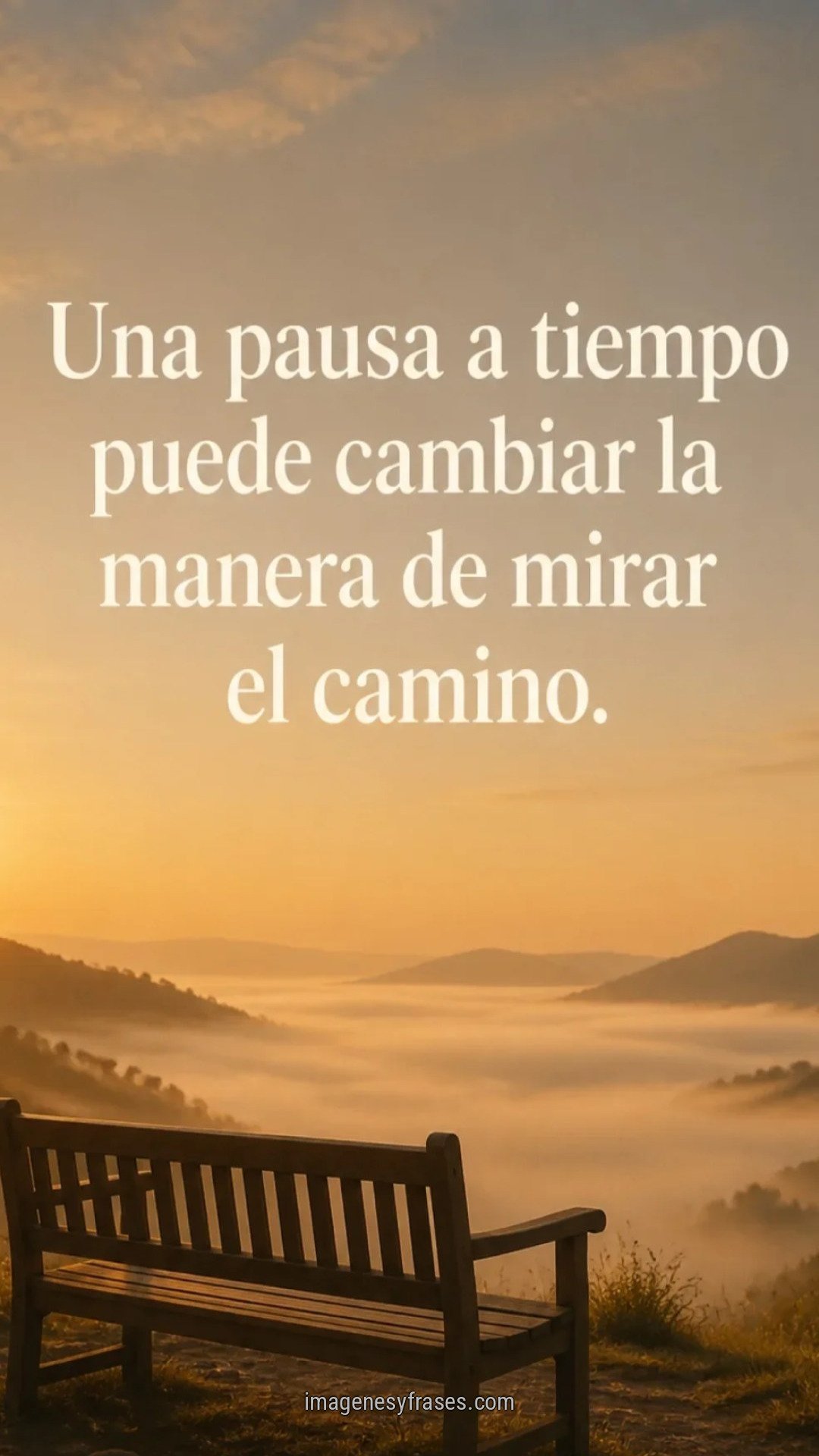 Banco de madera frente a un valle cubierto de neblina dorada con una frase sobre hacer una pausa