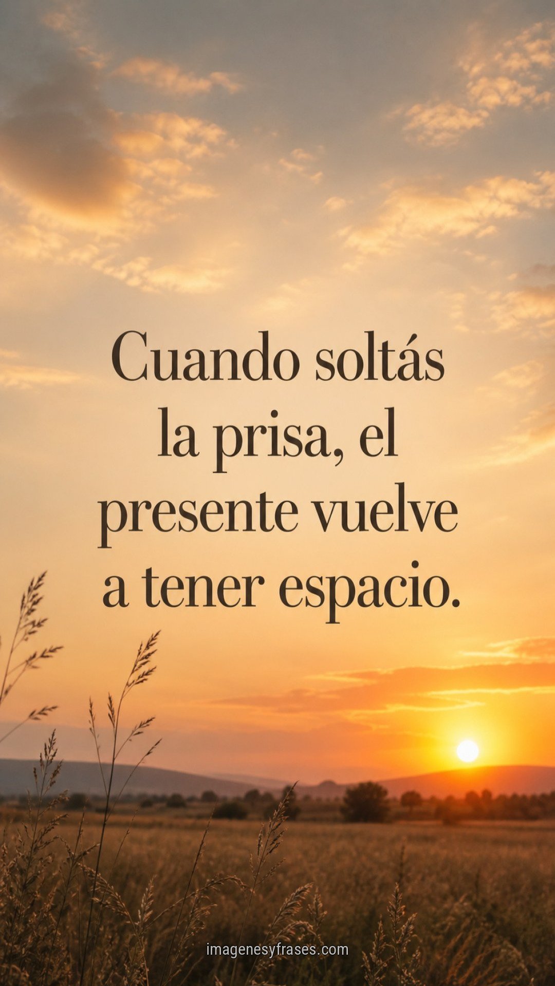 Campo de hierbas altas bajo un cielo anaranjado de atardecer con una frase sobre soltar la prisa