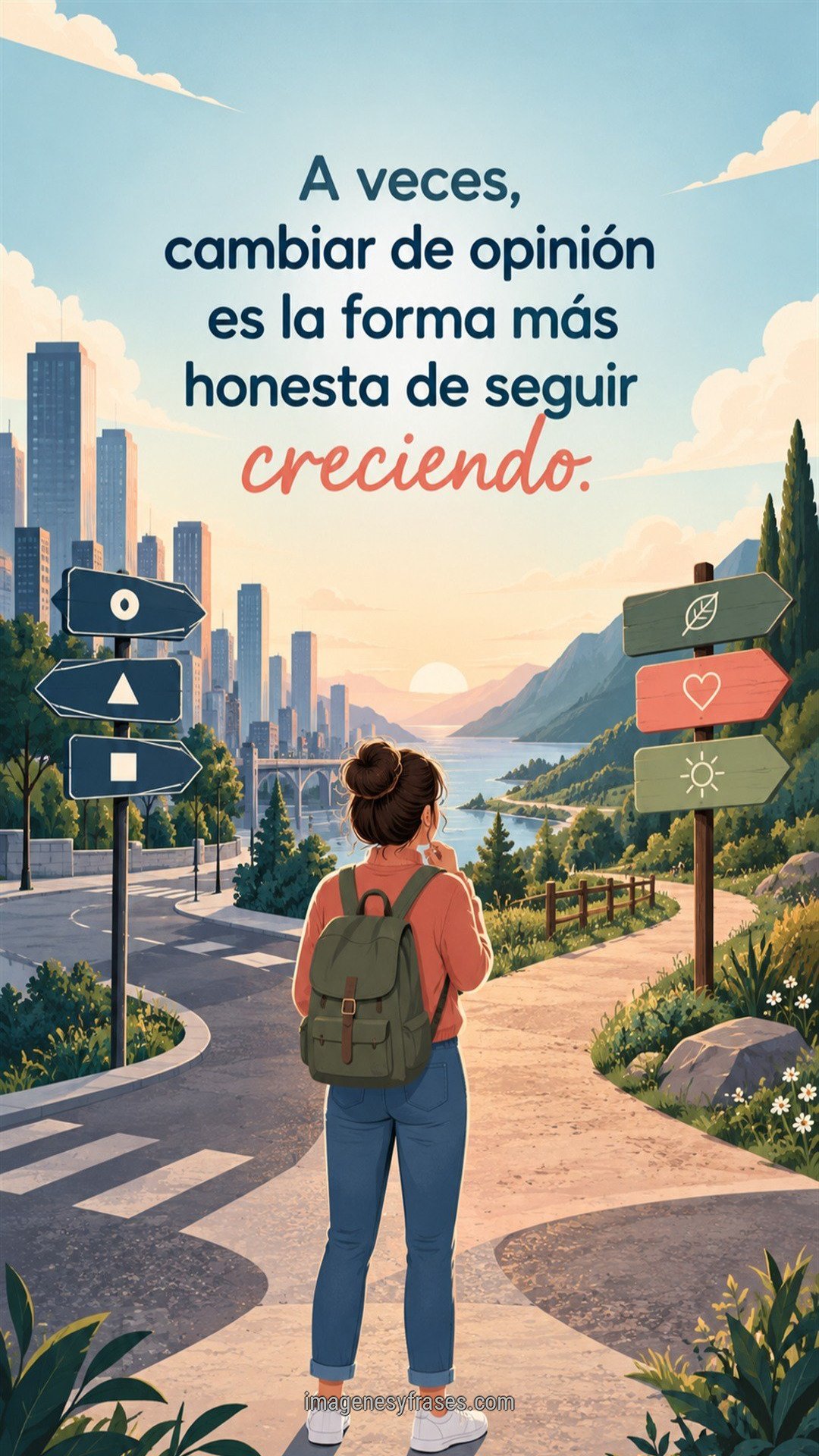 Ilustración de una mujer con mochila ante caminos hacia una ciudad y la naturaleza que incluye una frase sobre cambiar de opinión.