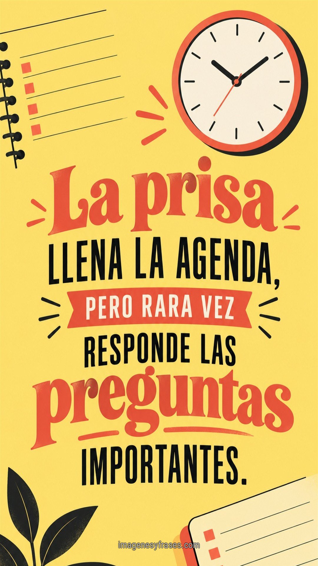 Póster amarillo con reloj, agenda y detalles coral y negros que incluye una frase sobre la prisa y las preguntas importantes.