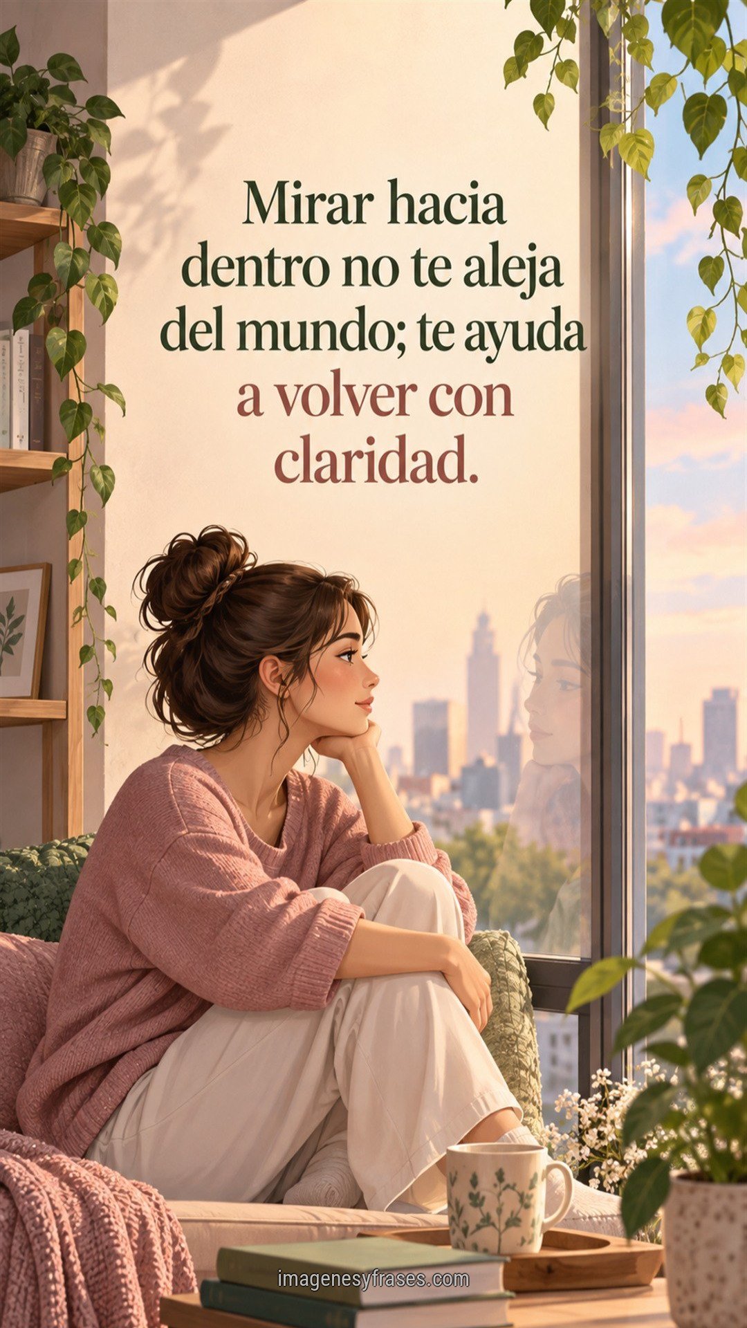 Ilustración cálida de una mujer contemplando su reflejo junto a una ventana con plantas que incluye una frase sobre mirar hacia dentro.