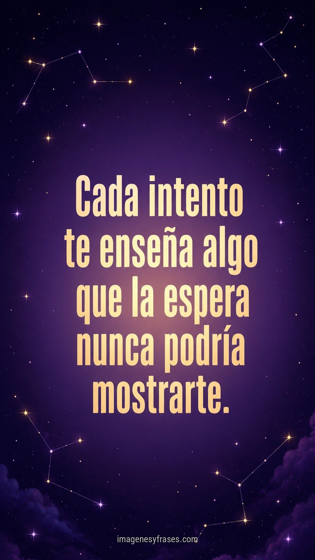 Cielo ilustrado violeta con estrellas y constelaciones doradas que incluye una frase motivacional en letras condensadas color crema.