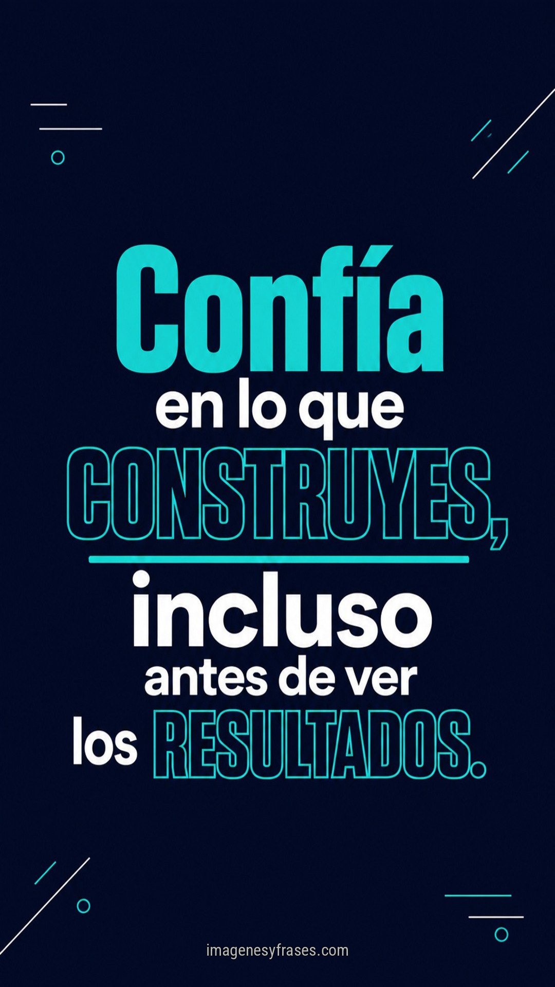 Póster azul medianoche con líneas geométricas turquesas y blancas que incluye una frase motivacional en tipografía moderna sólida y contorneada.