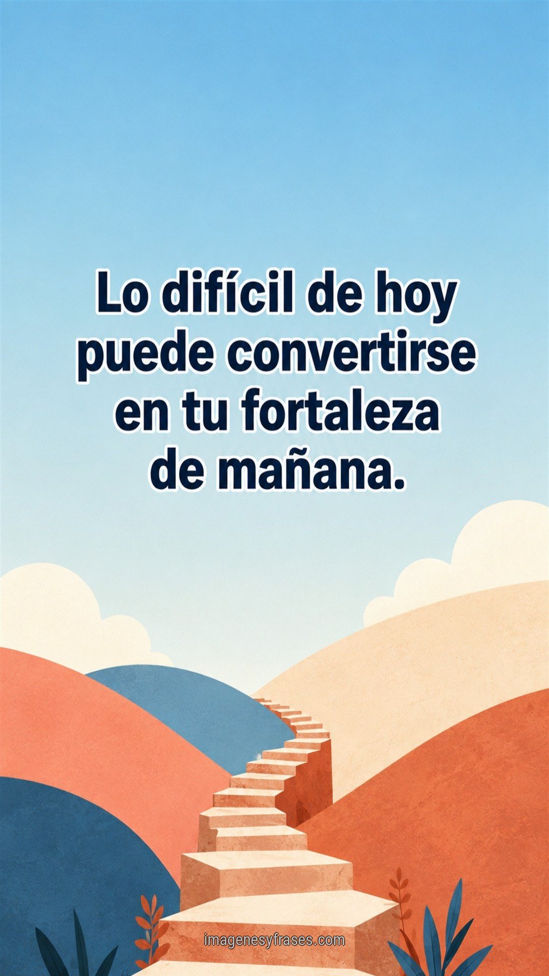 Ilustración minimalista de escalones entre colinas azules y coral bajo un cielo claro que incluye una frase motivacional con letras contorneadas.