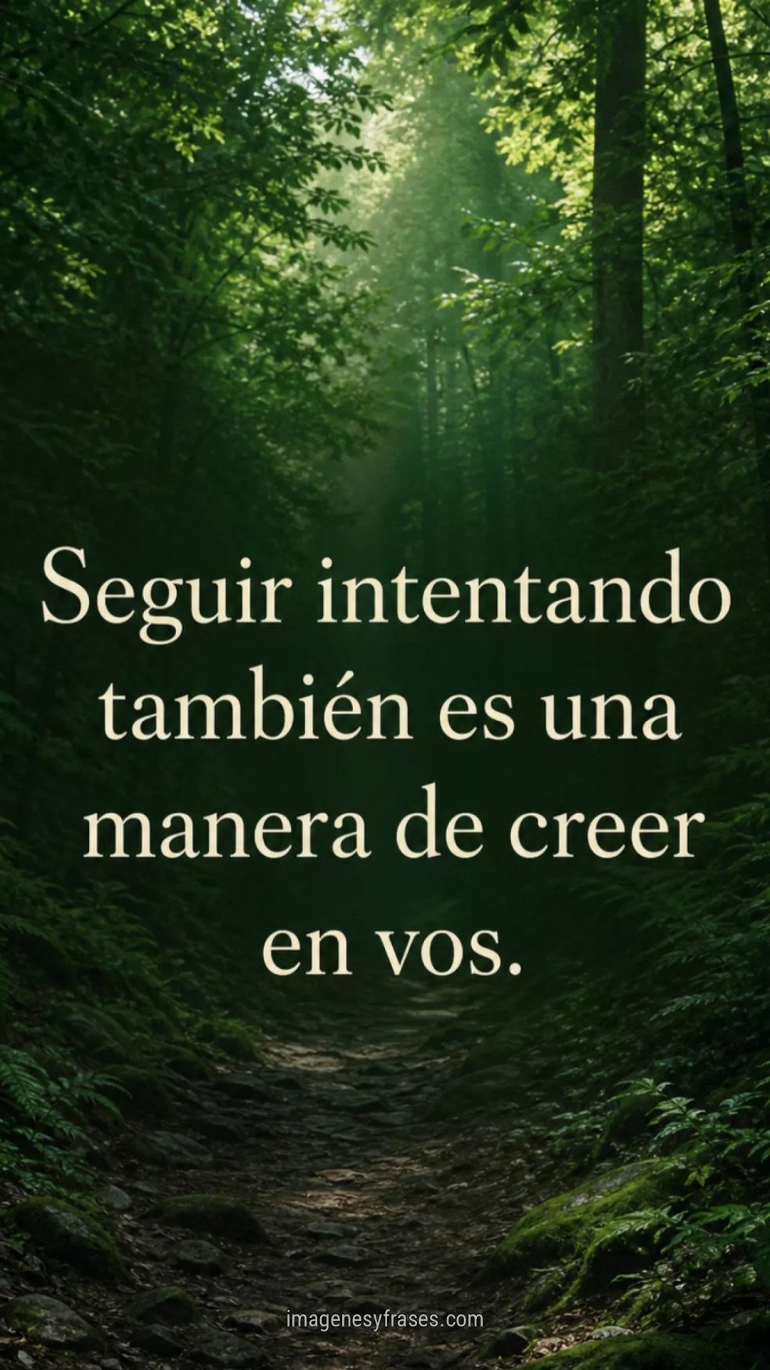 Sendero profundo dentro de un bosque verde iluminado con una frase sobre seguir intentando