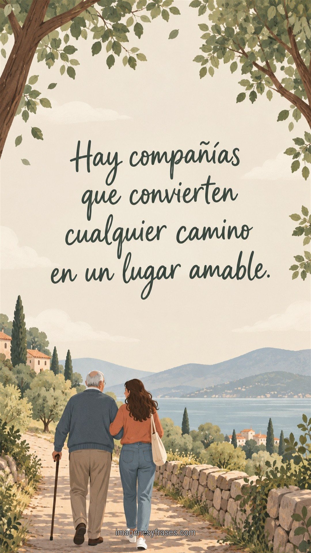 Ilustración de un padre mayor y su hija caminando entre árboles junto a un lago y montañas, con una frase manuscrita verde.