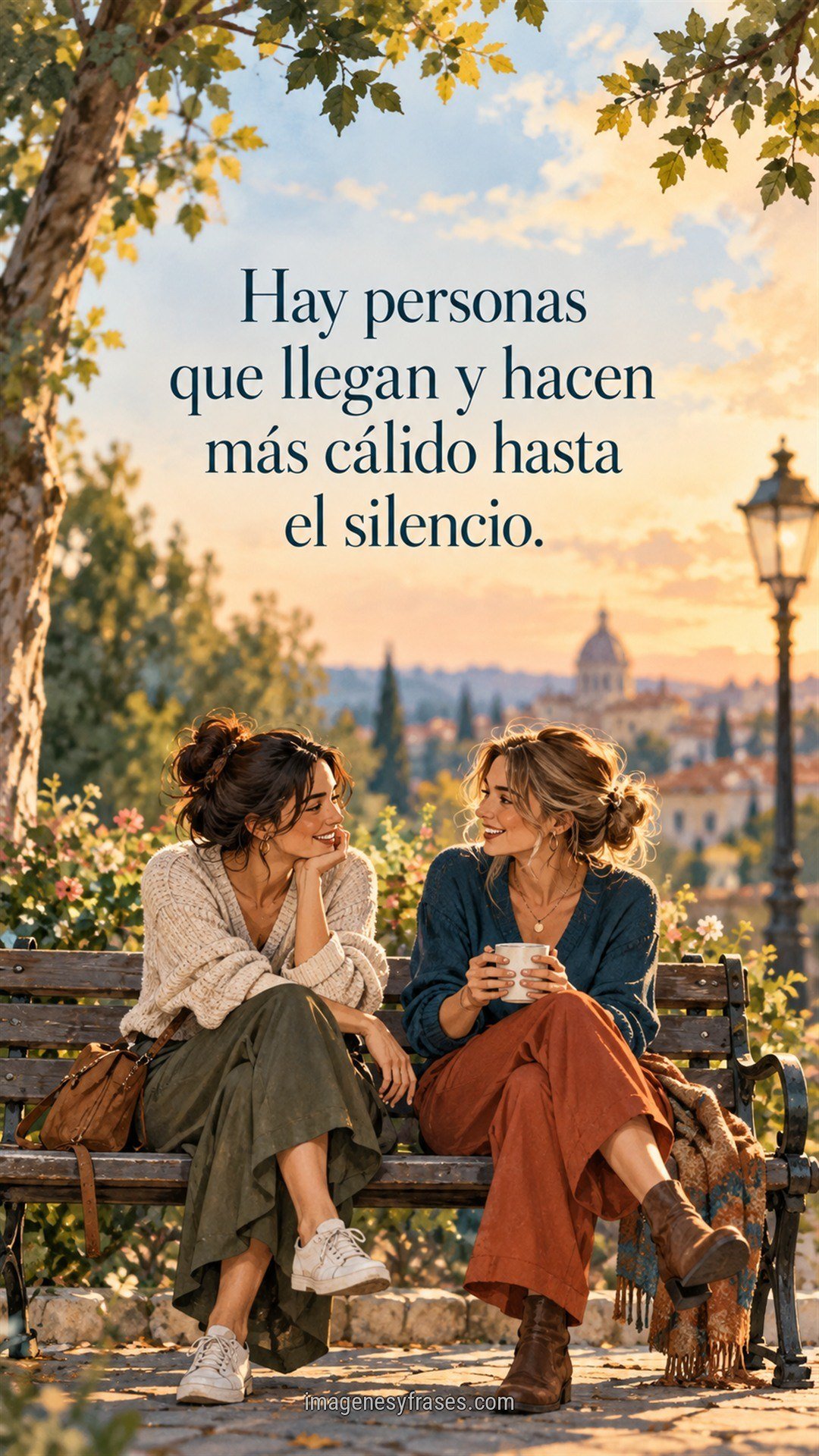 Ilustración de dos amigas conversando en un banco durante una tarde cálida, con árboles y una frase sobre personas que hacen más amable el silencio.