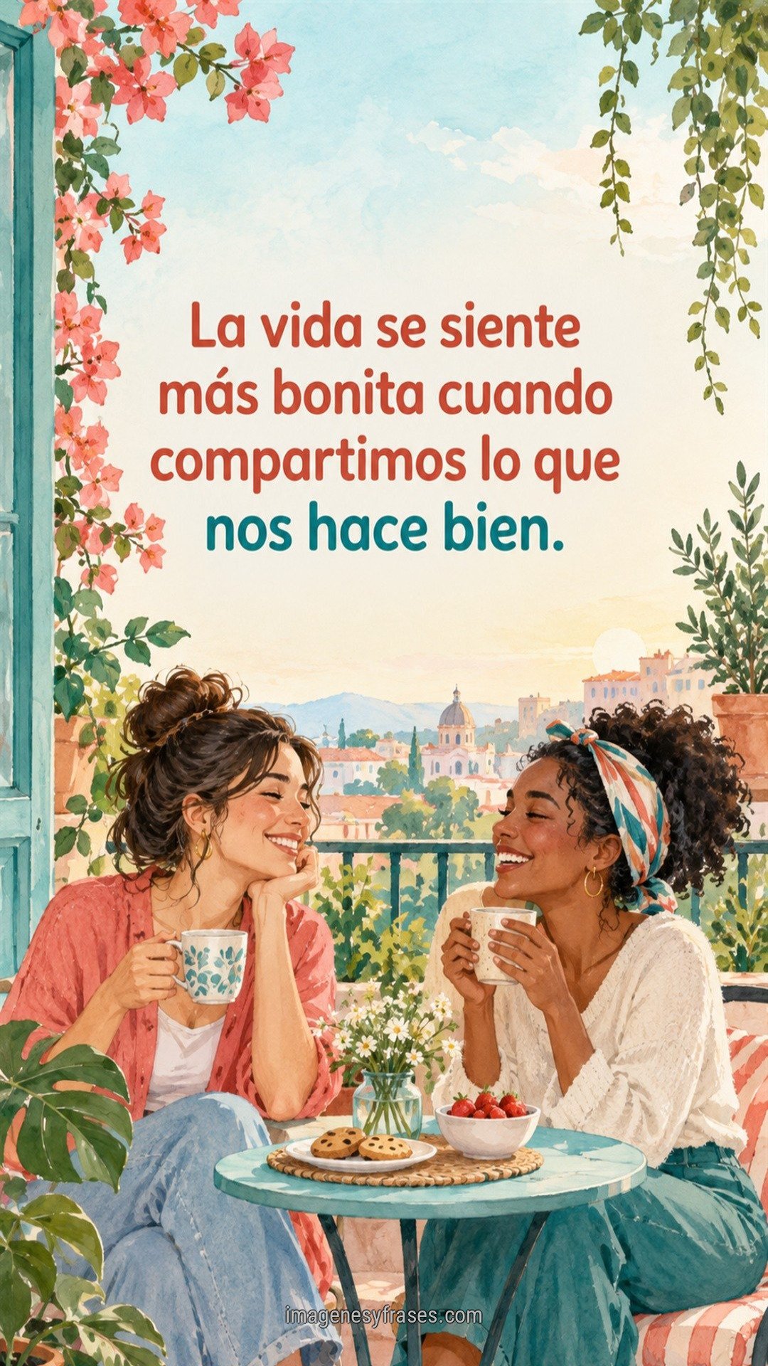 Ilustración en acuarela de dos amigas compartiendo una merienda en un balcón con flores, ciudad al fondo y una frase en tonos coral y turquesa.