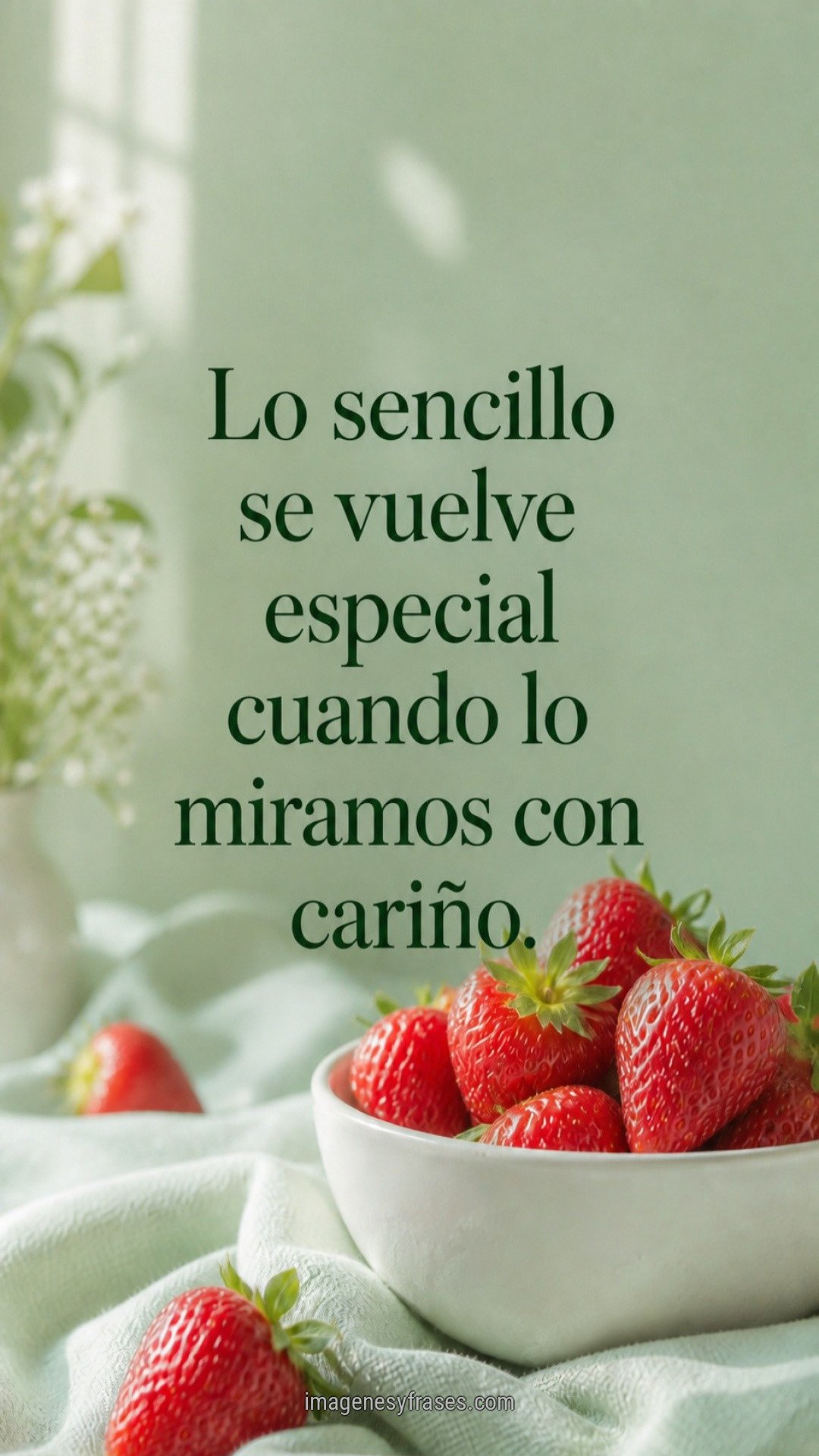 Frutillas rojas en un cuenco blanco sobre una tela verde menta, con una frase sobre apreciar las cosas sencillas.