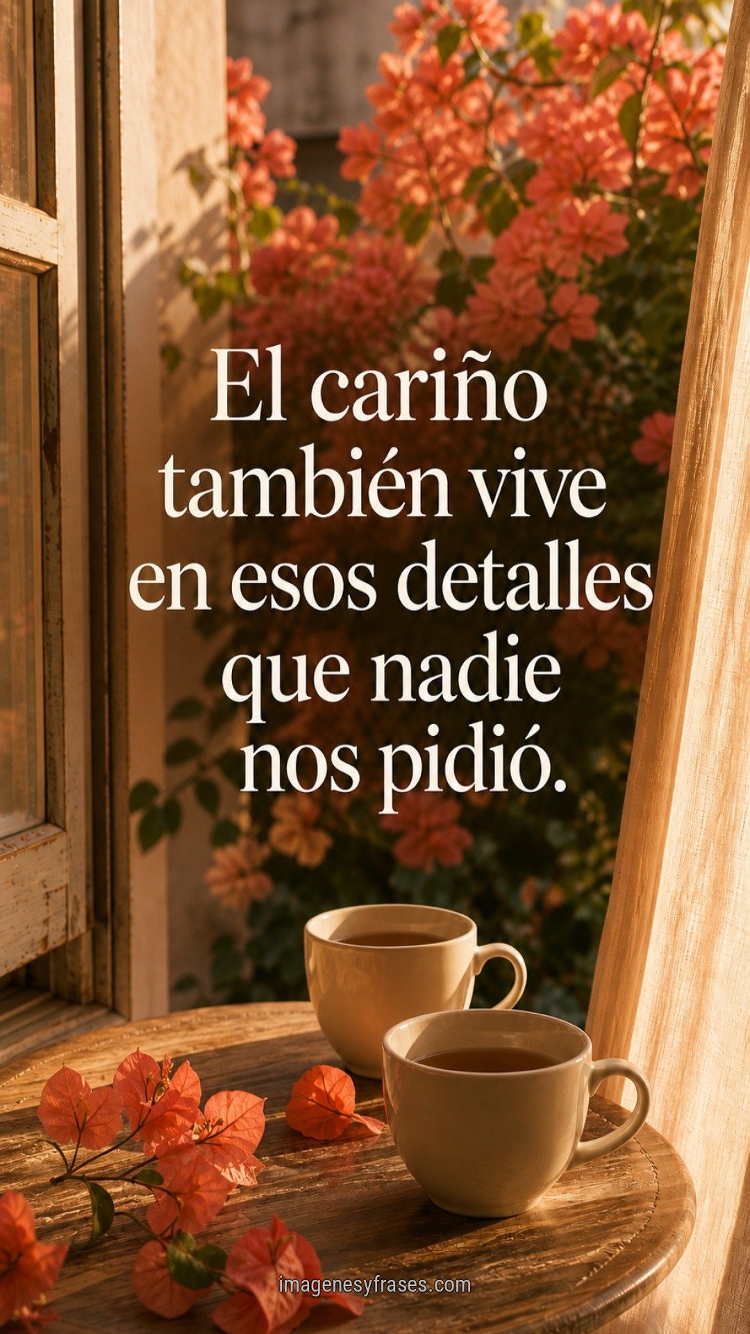 Dos tazas claras junto a una ventana con buganvillas coral, acompañadas de una frase sobre los gestos de cariño.