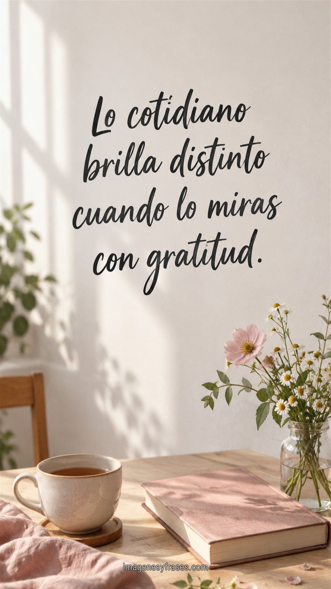 Fotografía luminosa de una taza, un libro rosa y flores silvestres sobre una mesa de madera, con una frase manuscrita negra.
