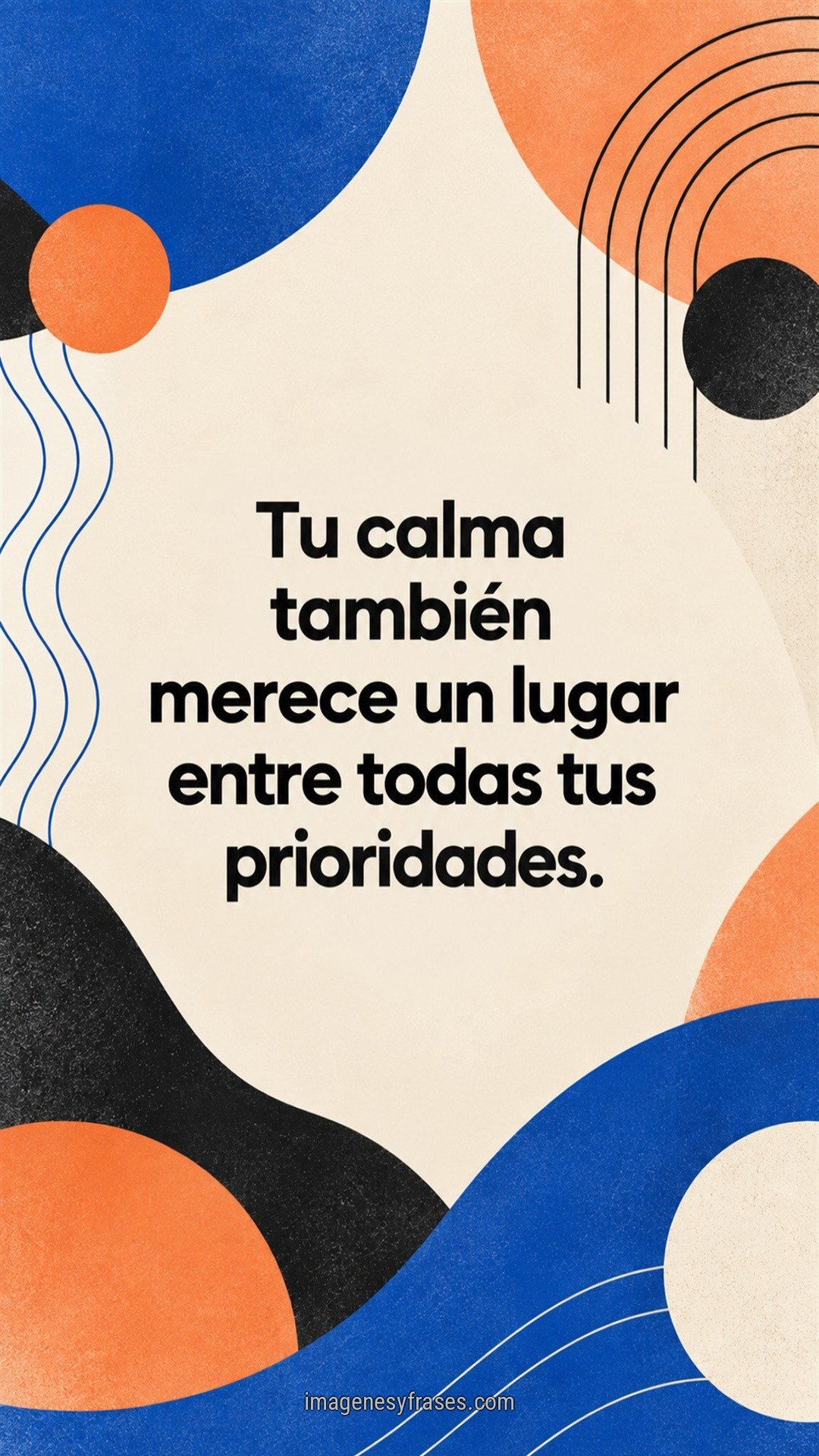 Composición abstracta modernista con círculos, arcos y ondas en azul cobalto, naranja, crema y negro, acompañada por una frase central.