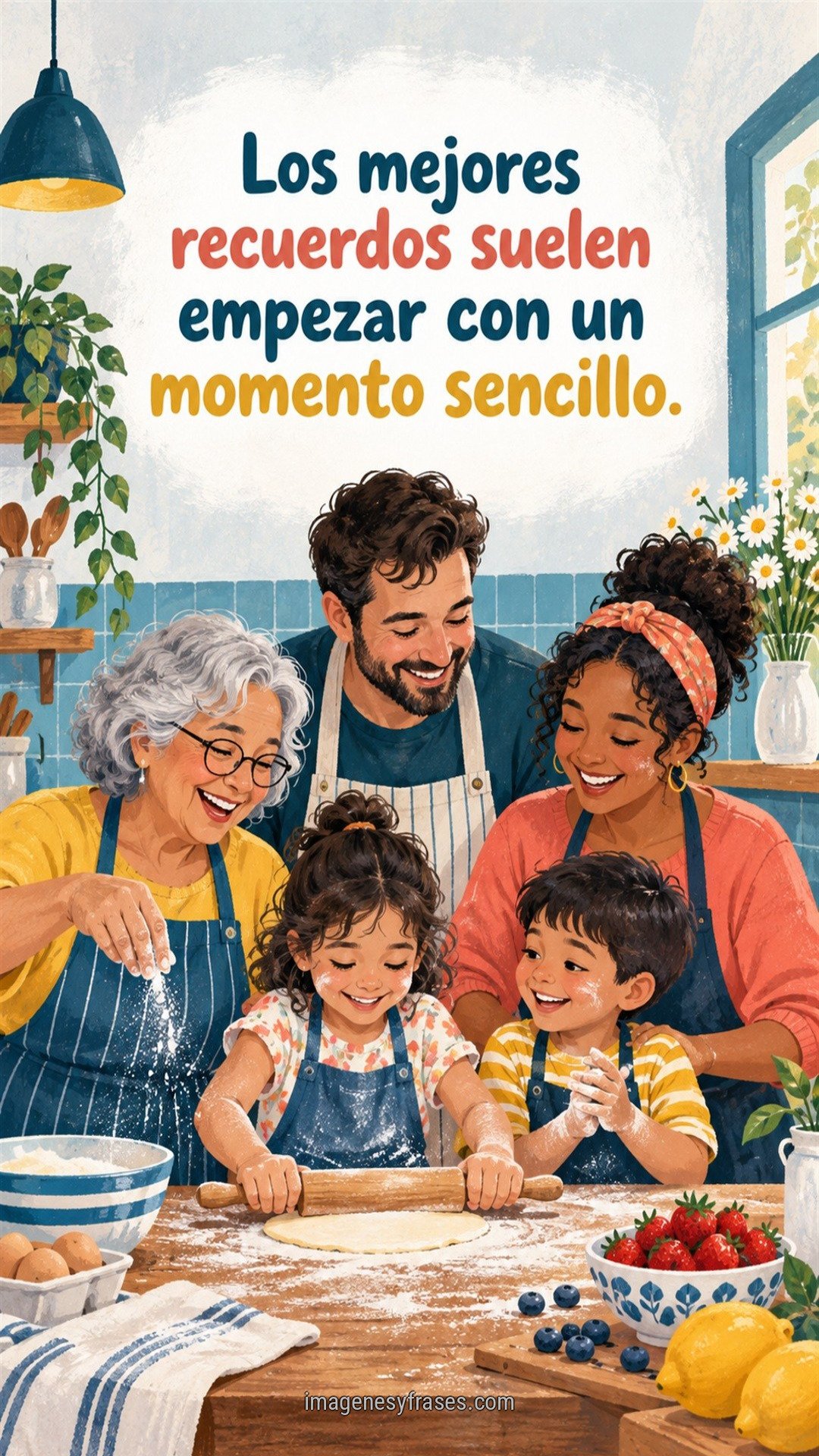 Ilustración colorida de una familia de tres generaciones cocinando y riendo en una cocina, con una frase en azul, coral y amarillo.