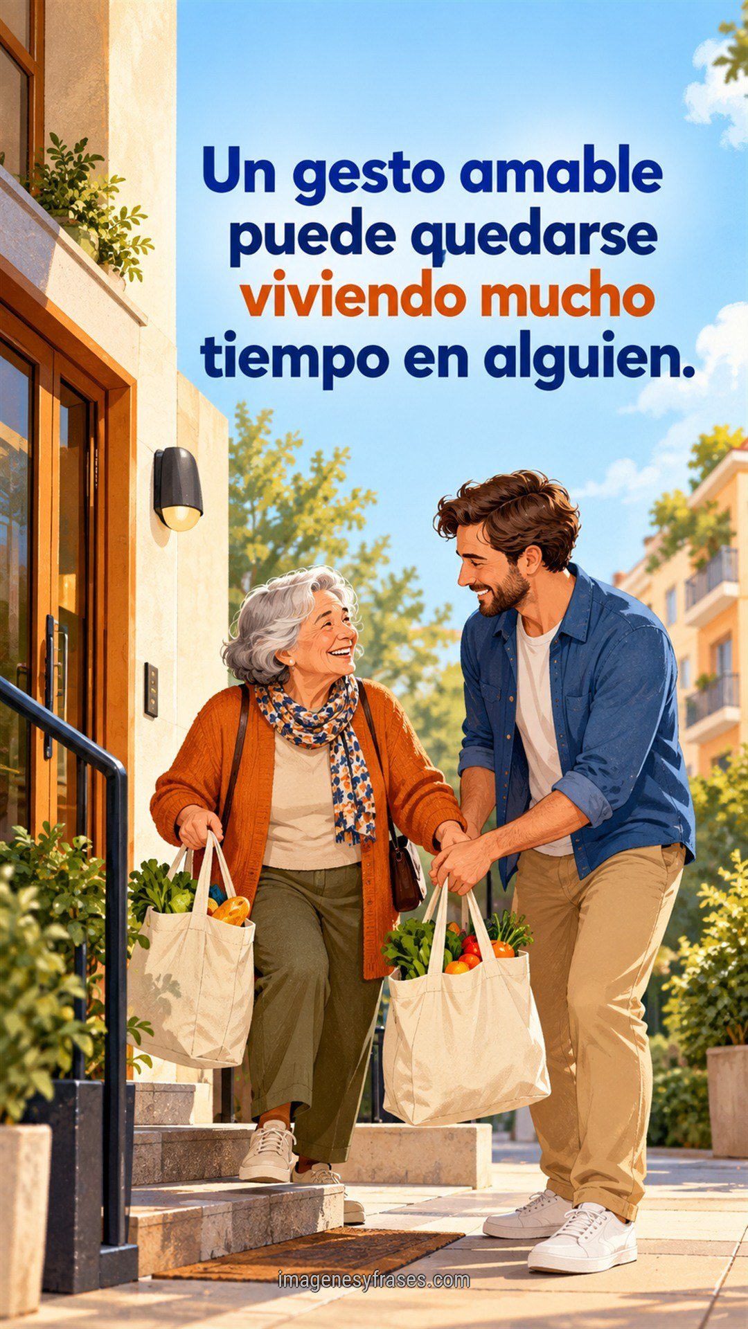 Ilustración de un hombre ayudando a una vecina mayor con bolsas de compras frente a un edificio, bajo una frase azul y naranja sobre la amabilidad.