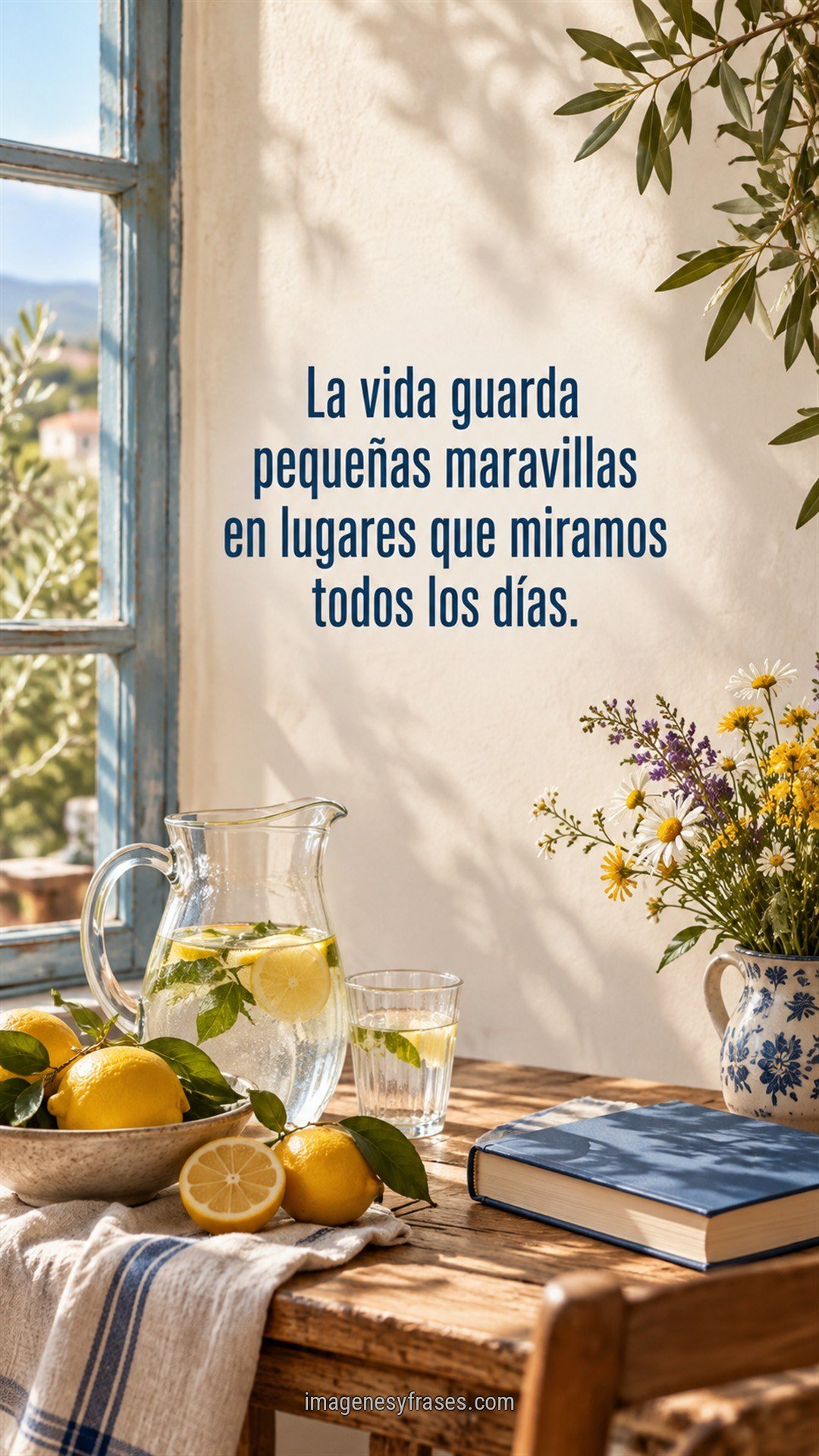 Fotografía de una mesa de madera con limones, jarra de agua, flores silvestres y un libro azul junto a una ventana, acompañada por una frase.