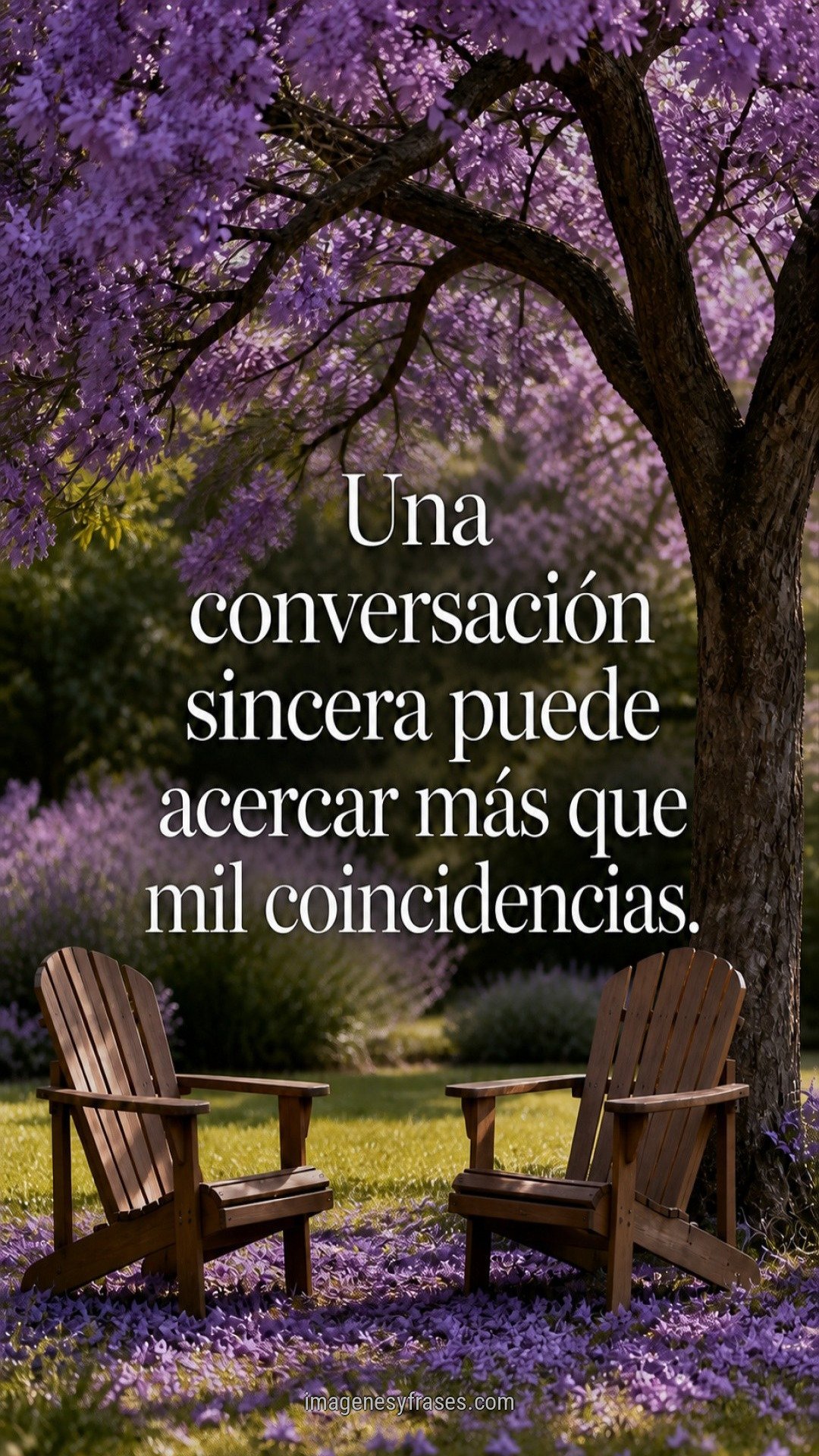 Dos sillas vacías bajo un jacarandá de flores violetas, con una frase sobre el valor de conversar con sinceridad.