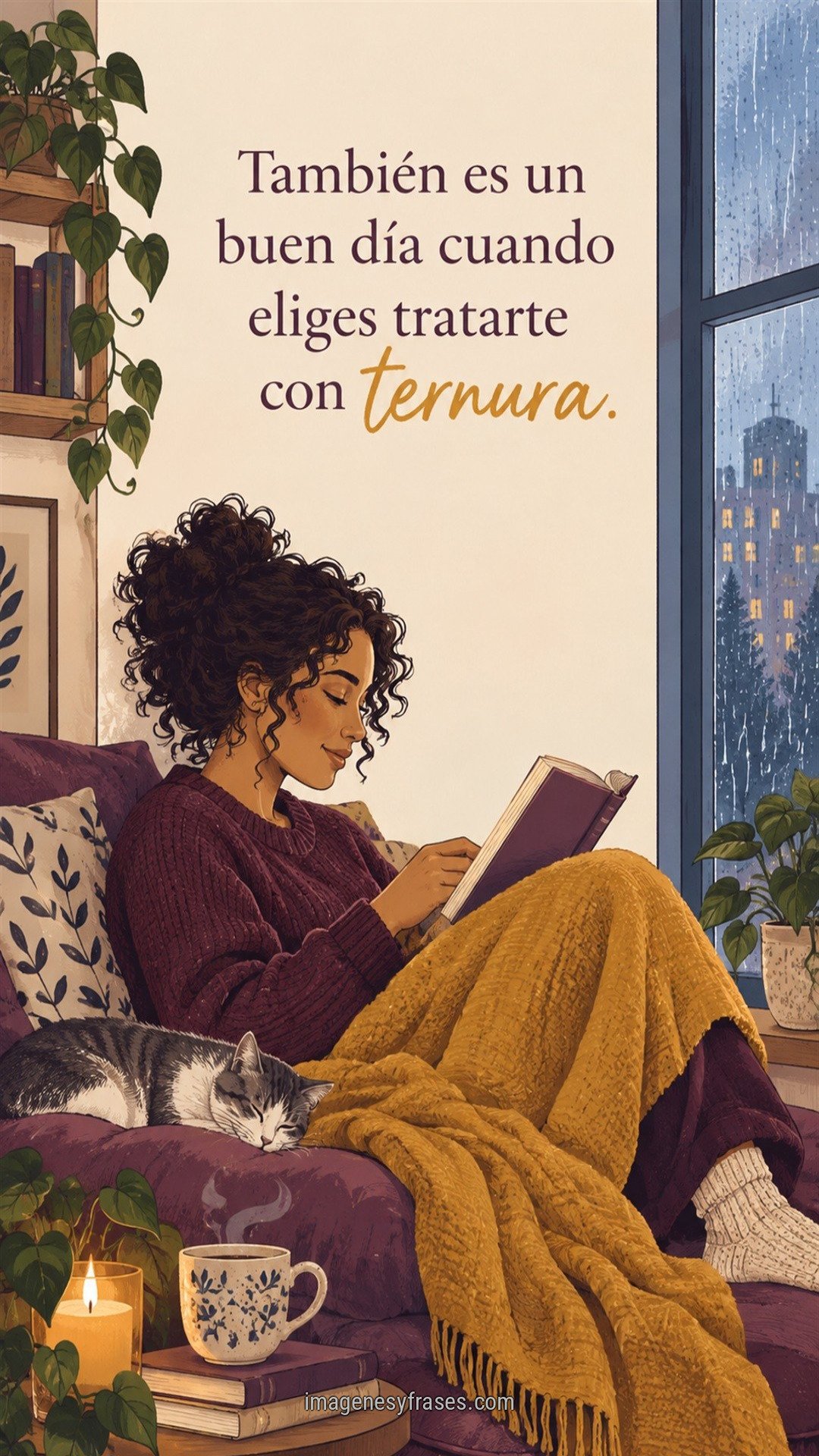 Ilustración de una mujer de cabello rizado leyendo con una manta mostaza junto a una ventana lluviosa, plantas, gato y una frase en tonos ciruela.