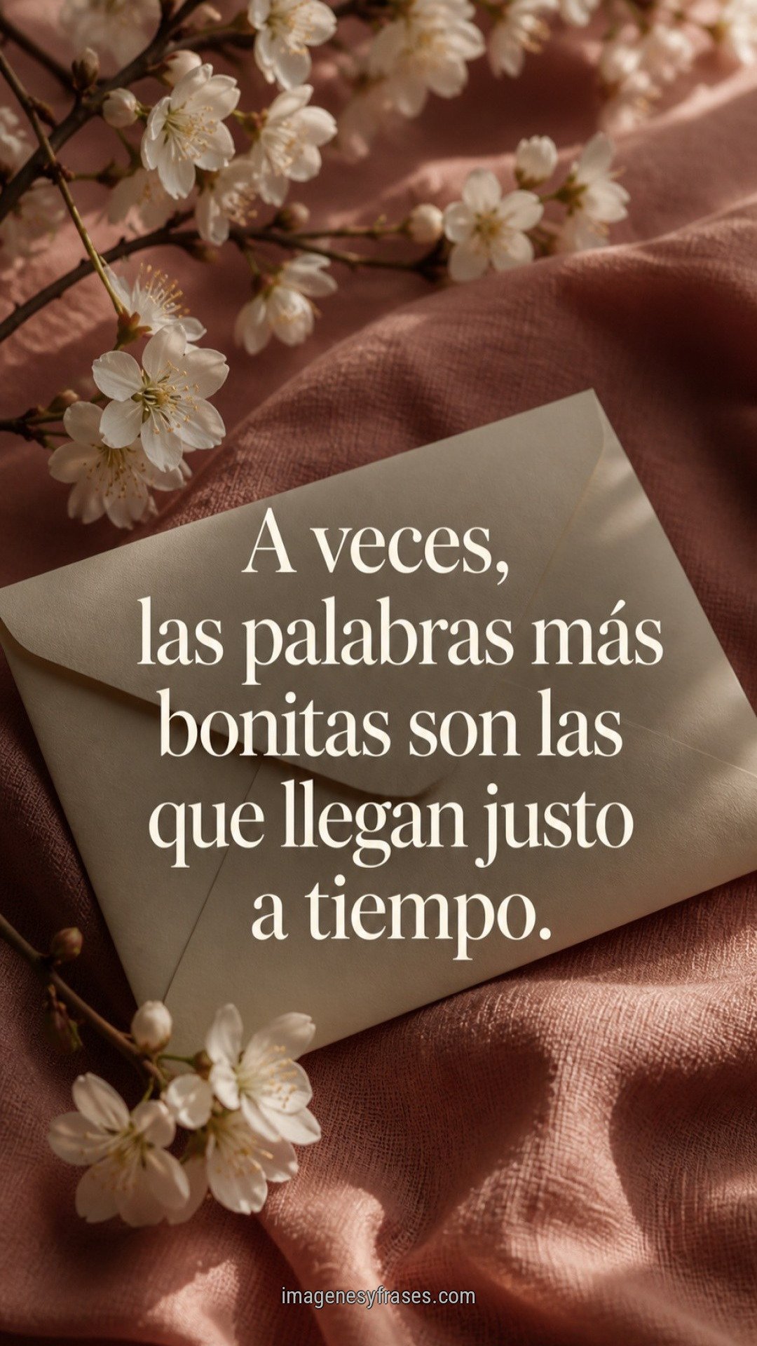 Un sobre liso junto a pequeñas flores blancas sobre tela rosada, con una frase sobre las palabras que llegan oportunamente.