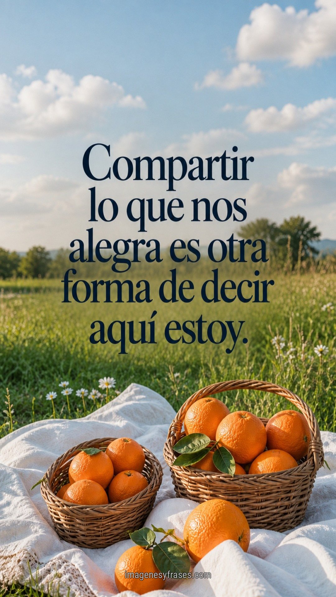 Dos pequeñas canastas de naranjas sobre una manta en un prado, con una frase sobre compartir aquello que nos alegra.